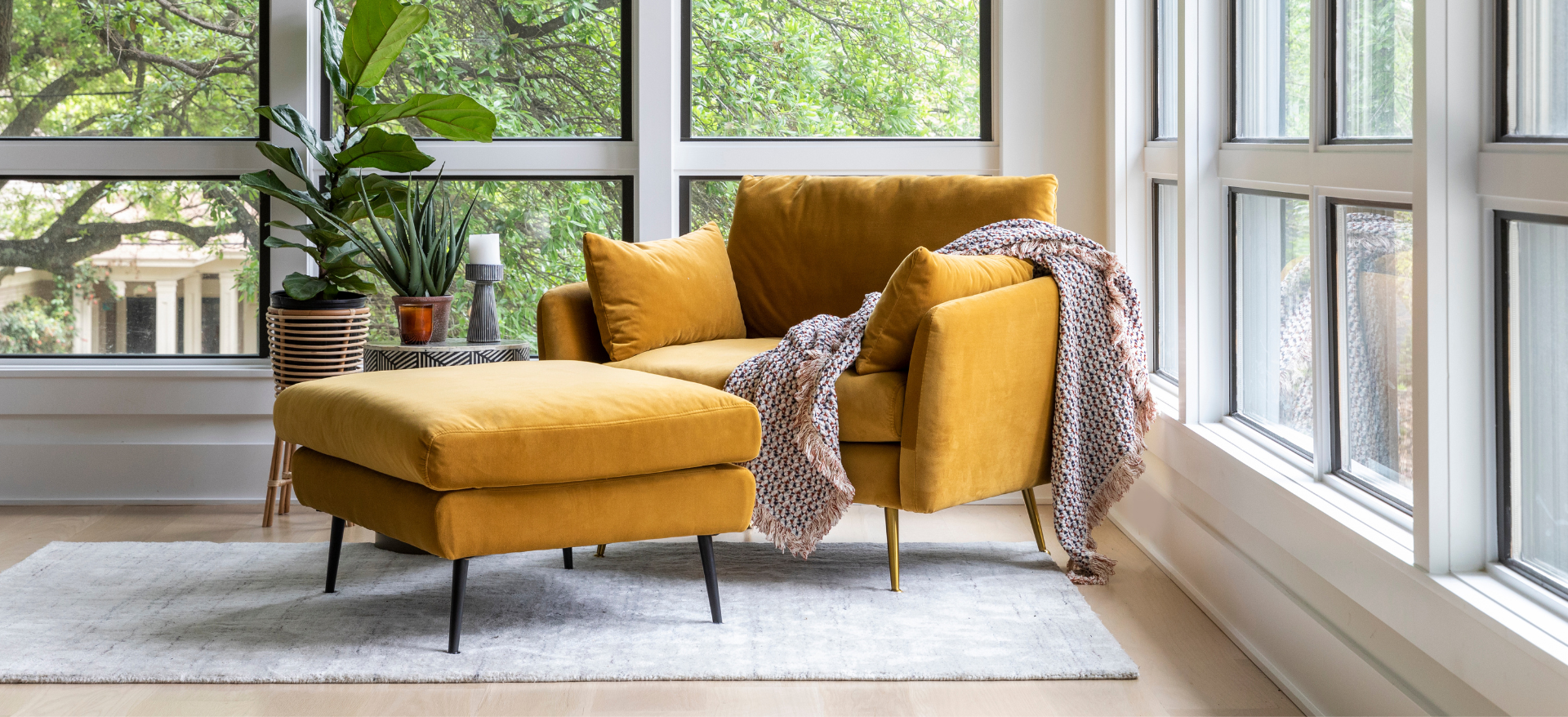 Park armchair and ottoman in mustard