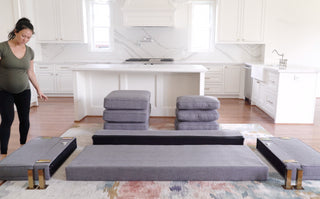 pregnant woman assembling Albany sofa