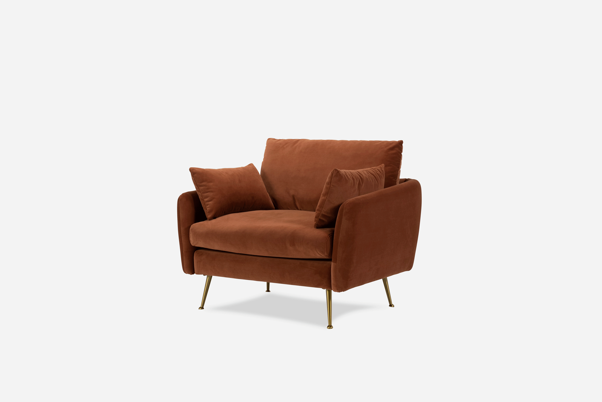 park armchair shown in rust velvet with gold legs
