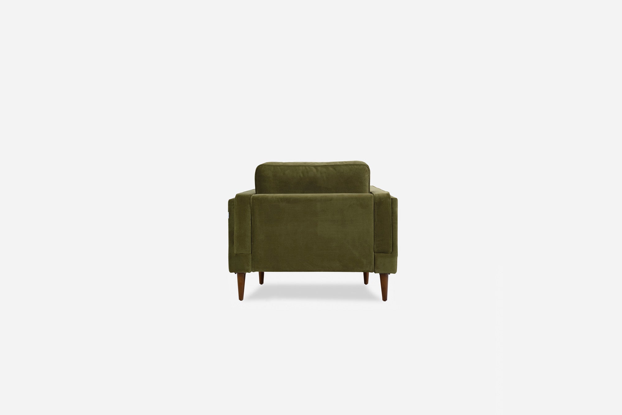 albany armchair shown in olive velvet with walnut legs