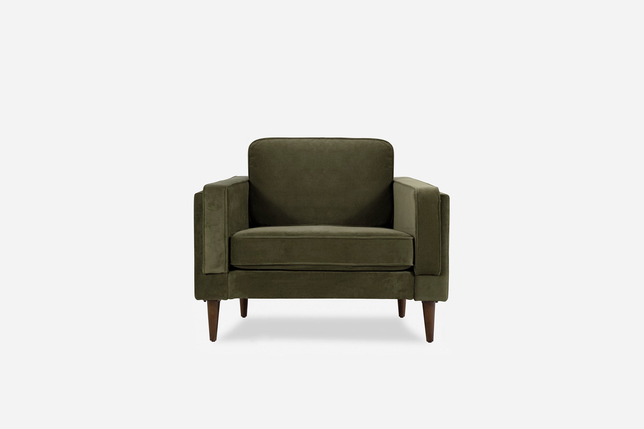 albany armchair shown in olive velvet with walnut legs