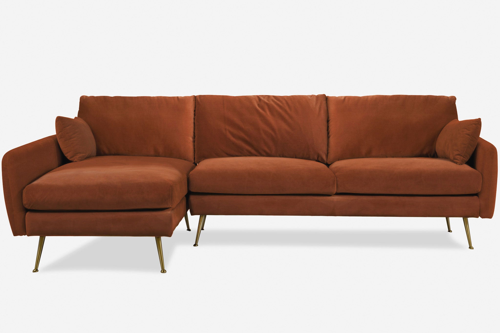 park sectional sofa shown in rust velvet with gold legs left facing