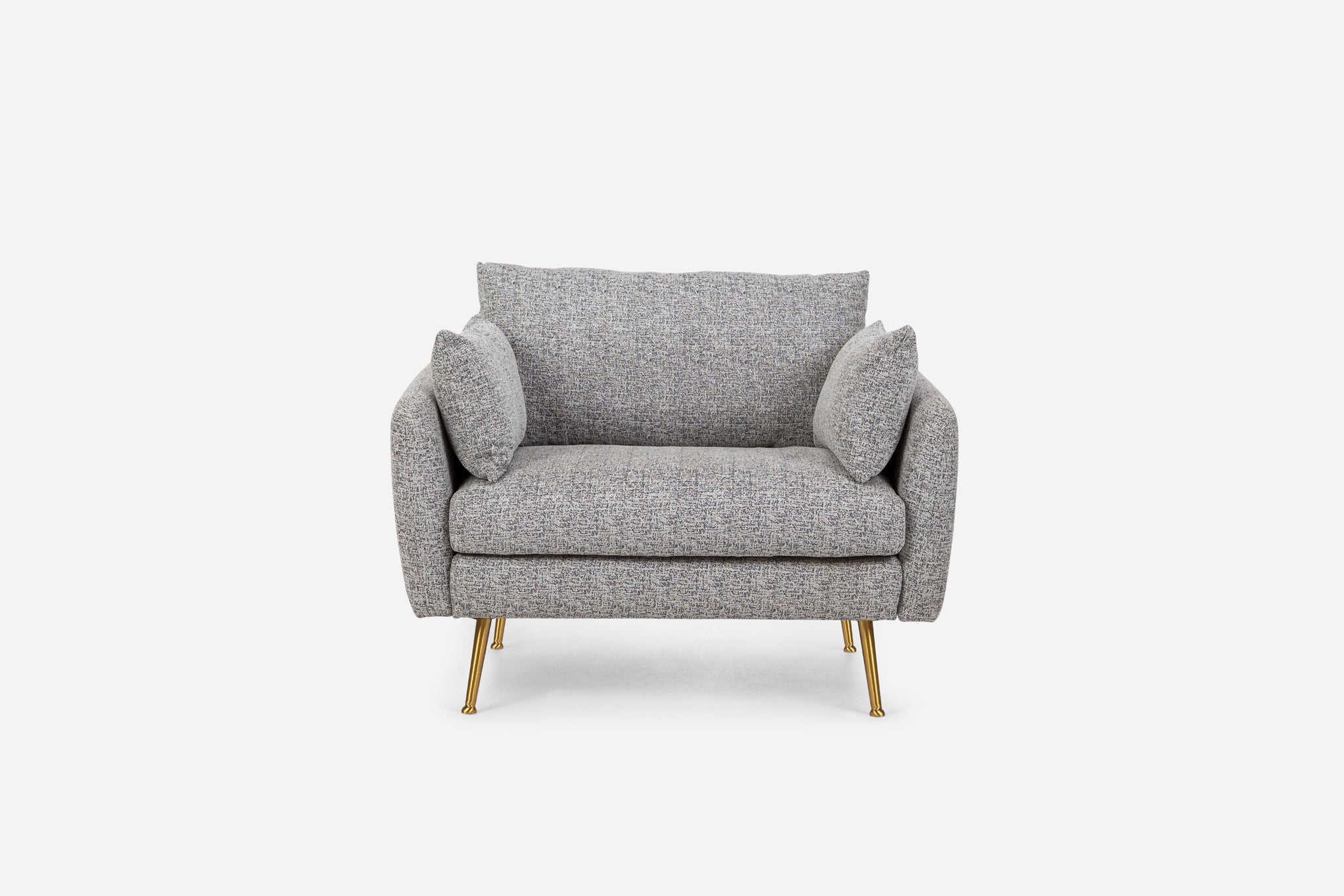 park armchair shown in grey fabric with gold legs