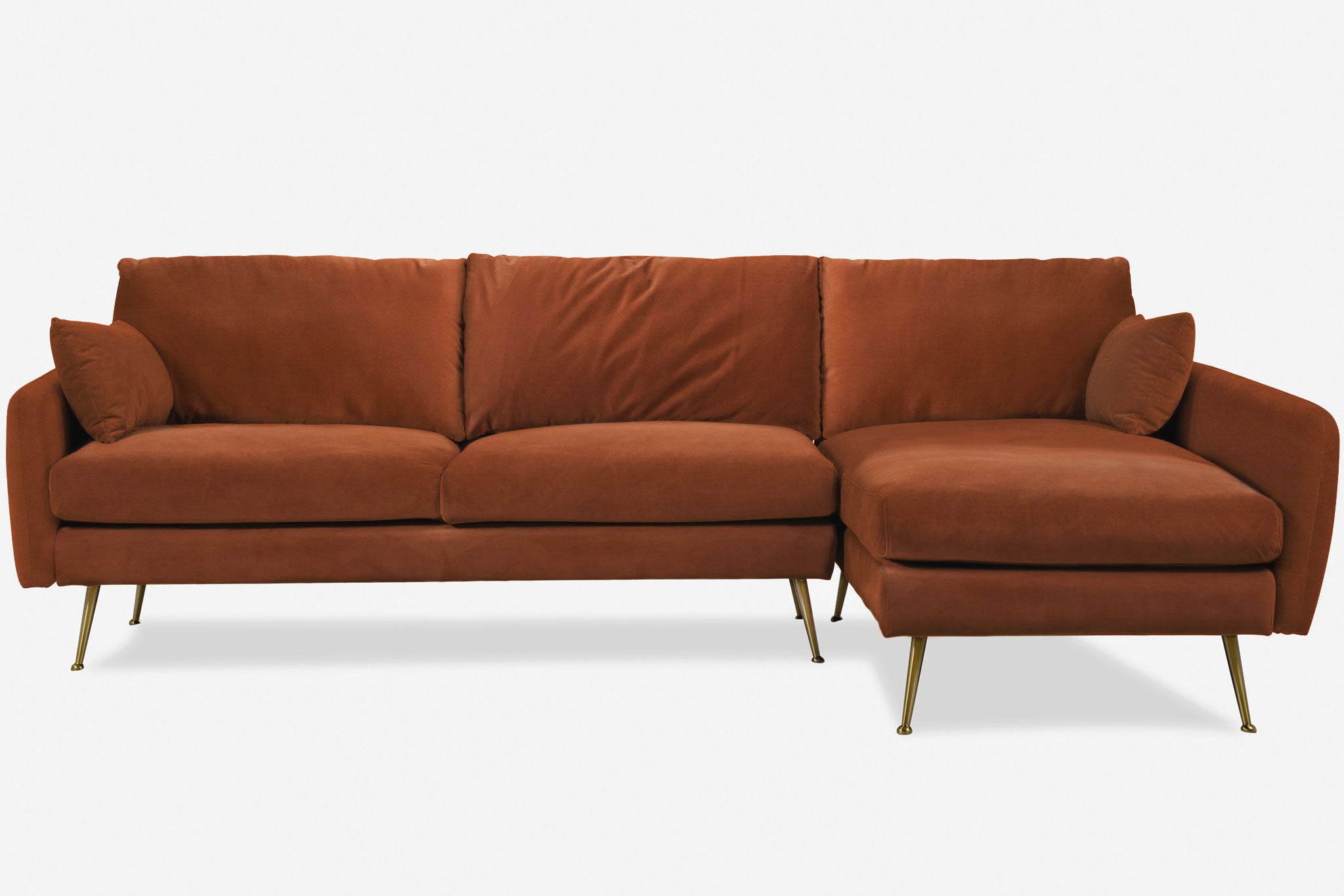 park sectional sofa shown in rust velvet with gold legs right facing