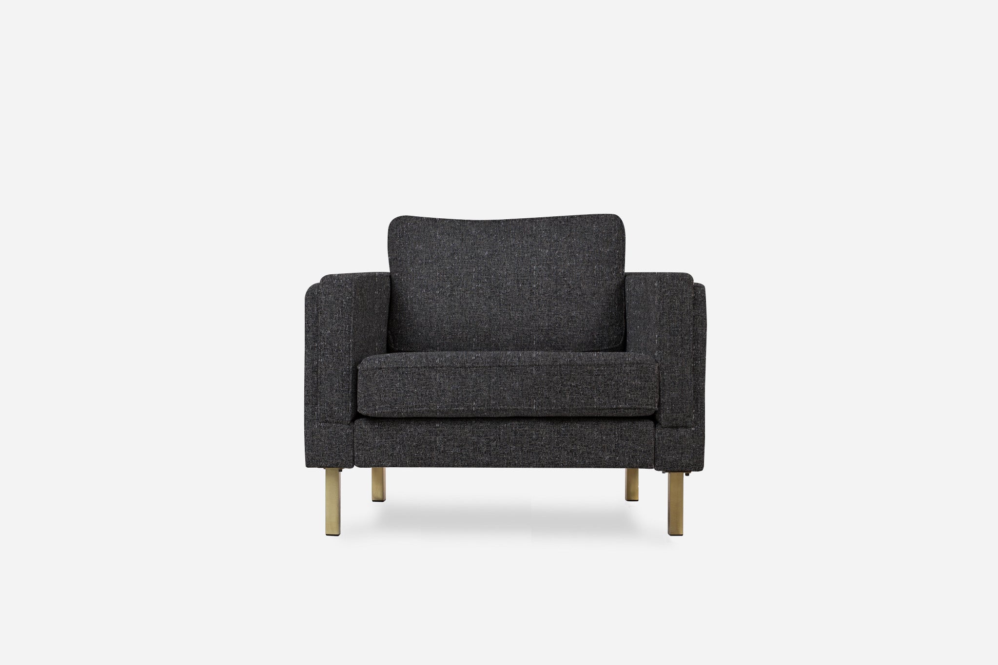 albany armchair shown in charcoal with gold legs
