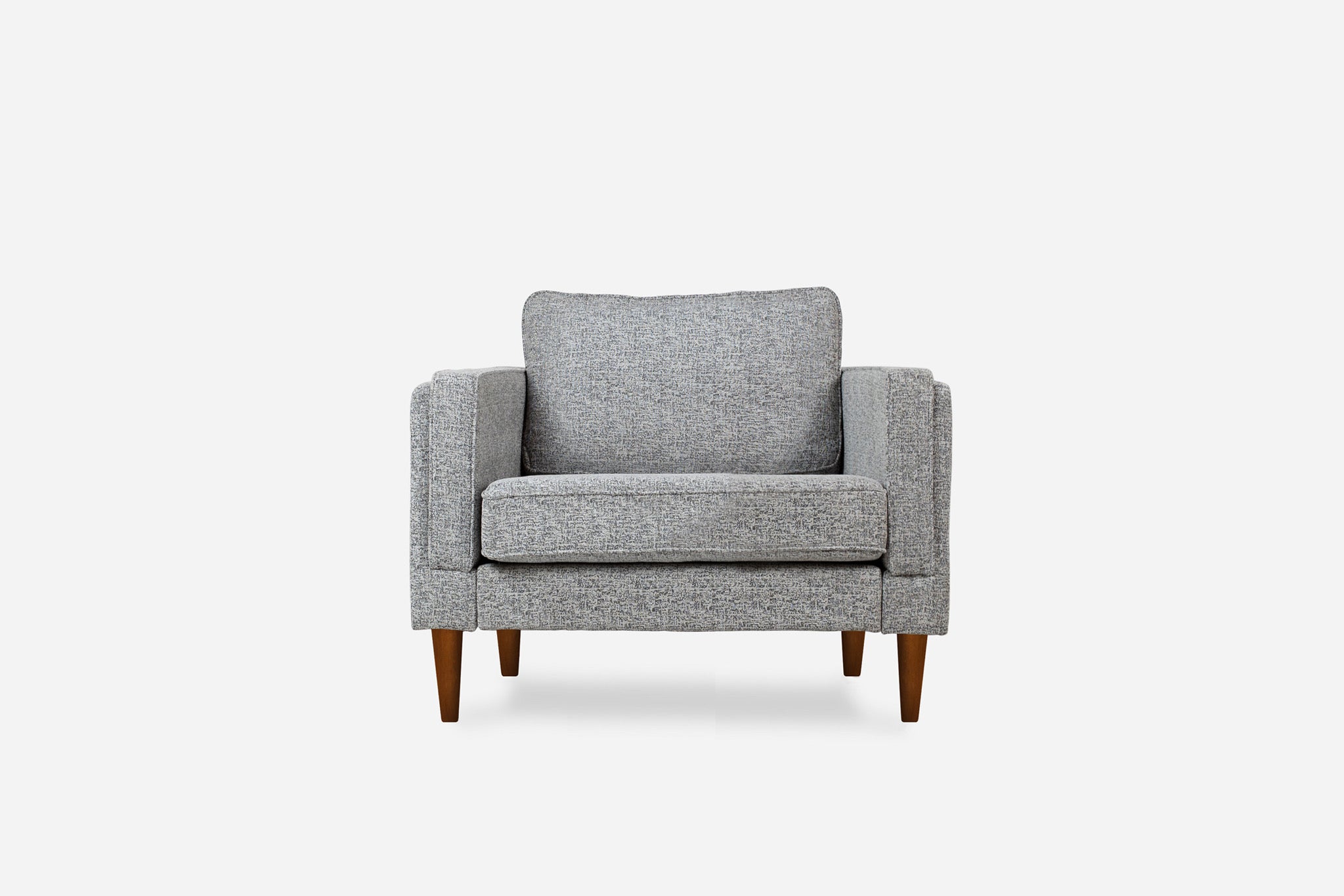 albany armchair shown in grey fabric with walnut legs