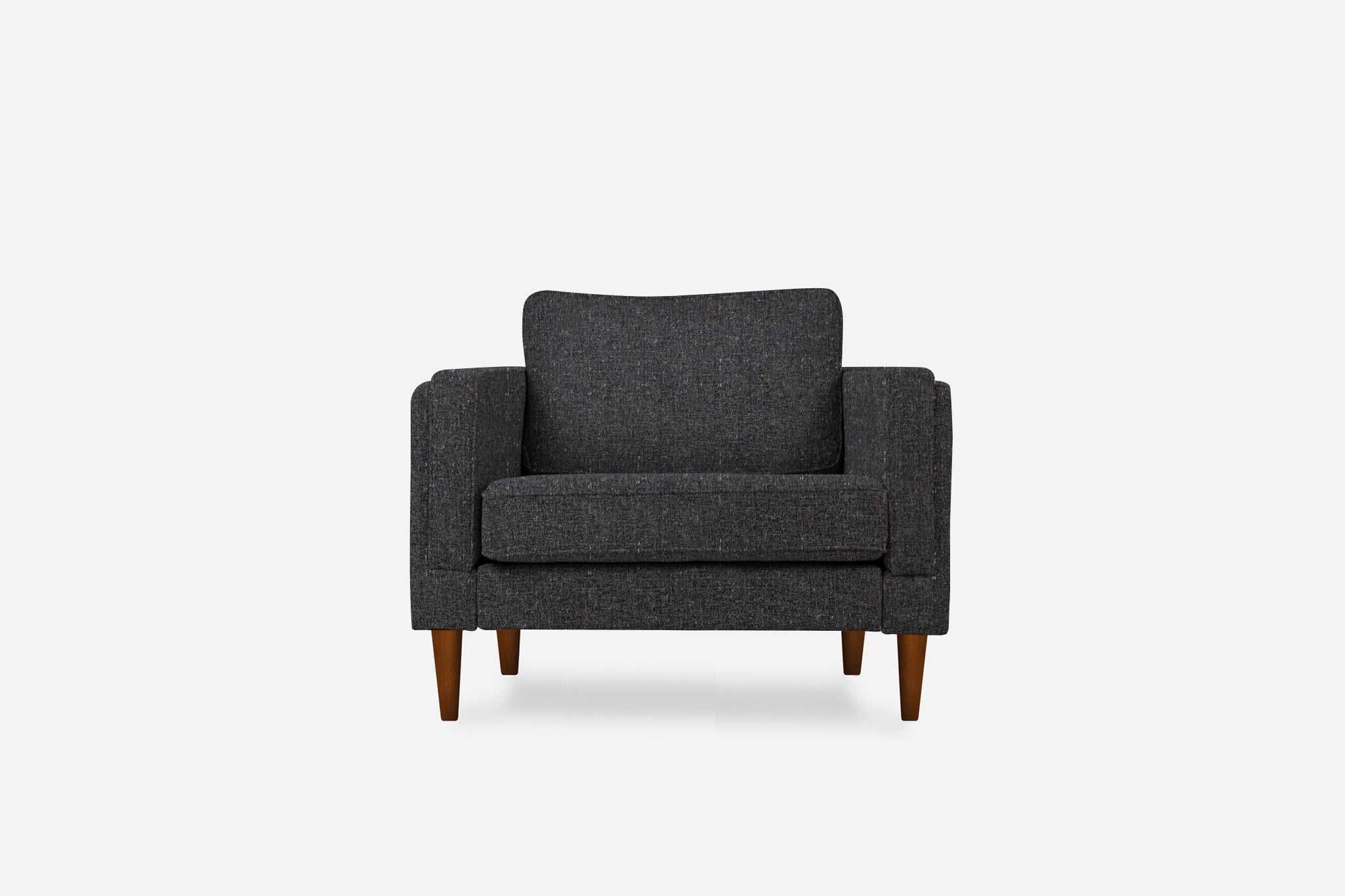 albany armchair shown in charcoal with walnut legs