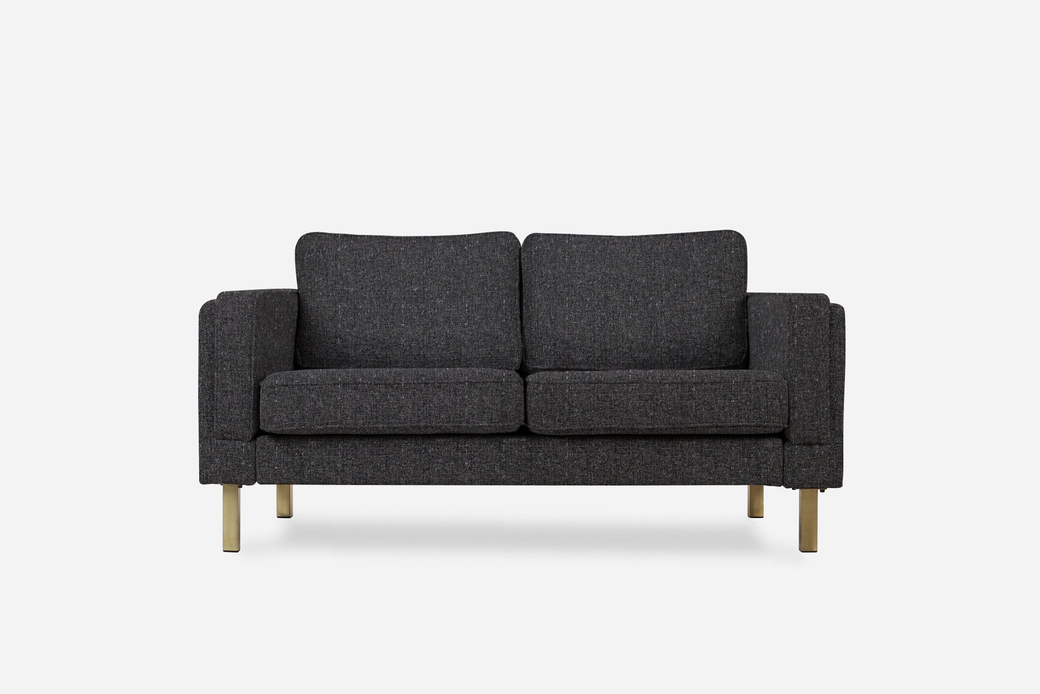 albany loveseat shown in charcoal with gold legs