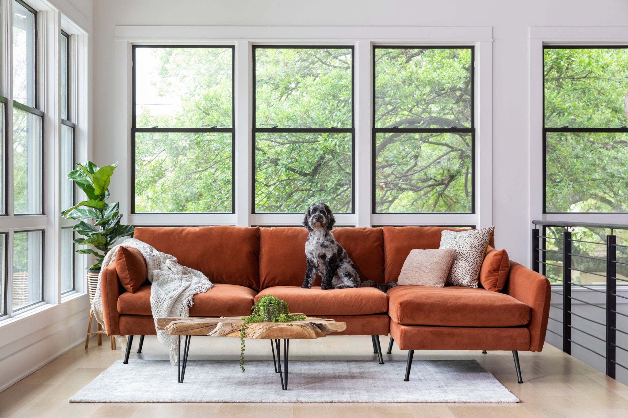 park sectional sofa shown in rust velvet with black legs right facing