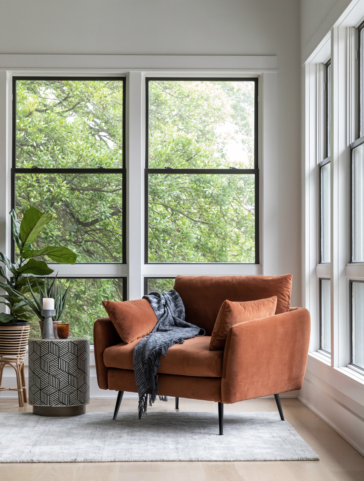 park armchair shown in rust velvet with black legs