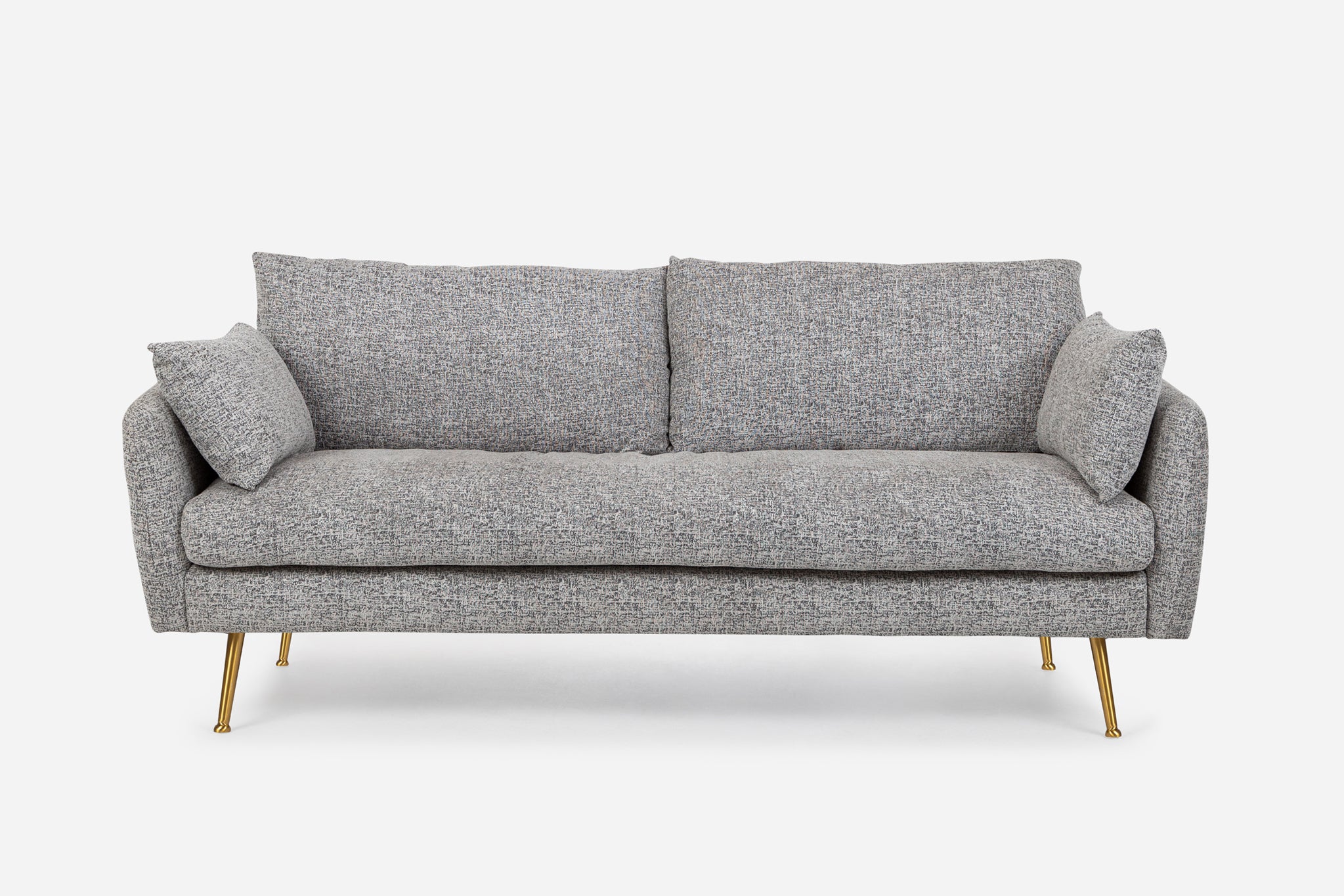 park sofa shown in grey fabric with gold legs