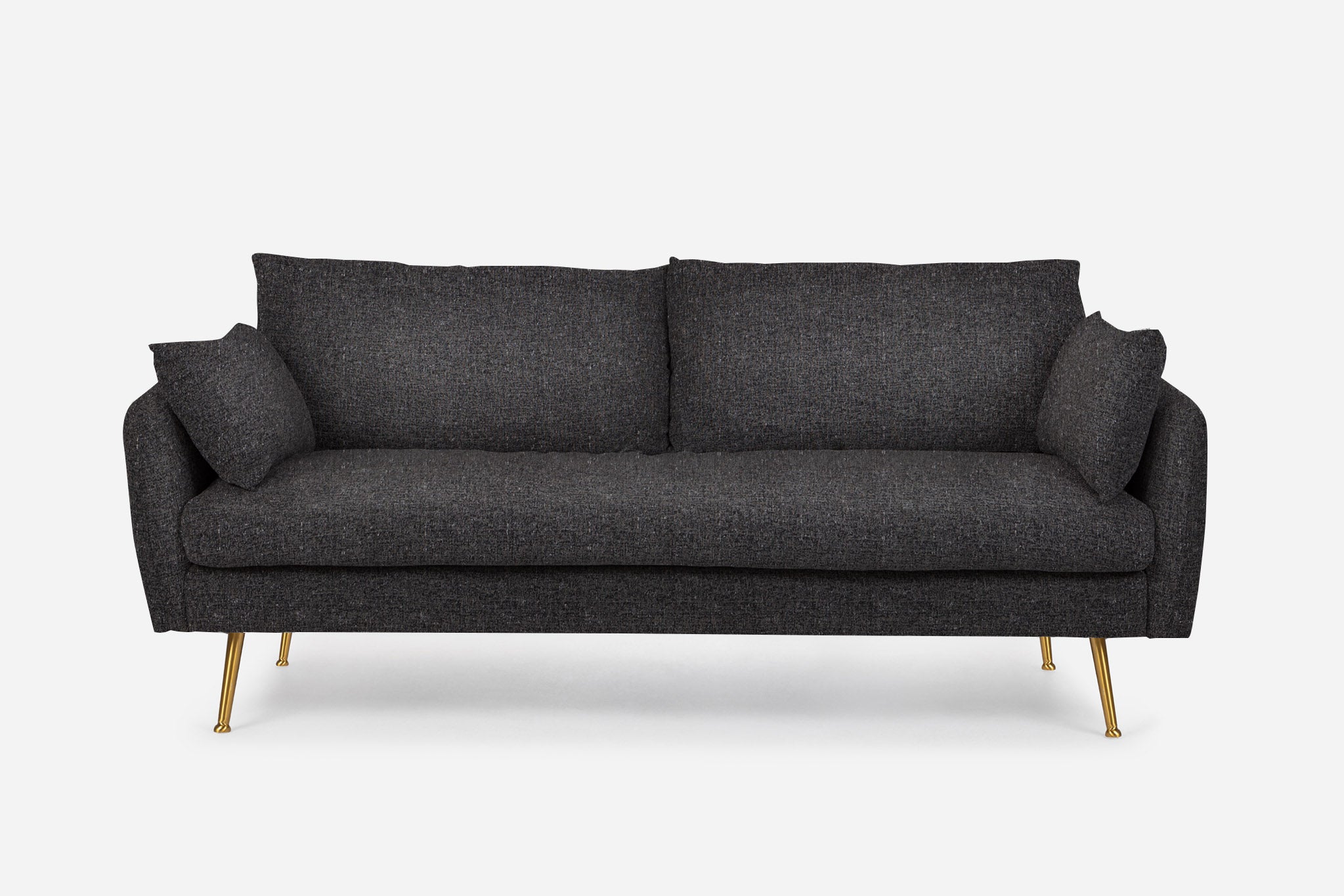 park sofa shown in charcoal with gold legs