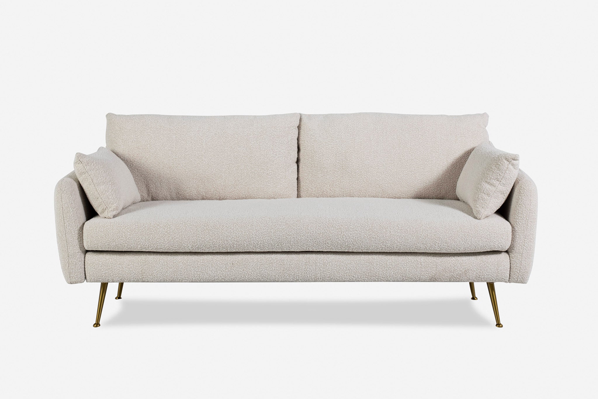 park sofa shown in bouclé with gold legs