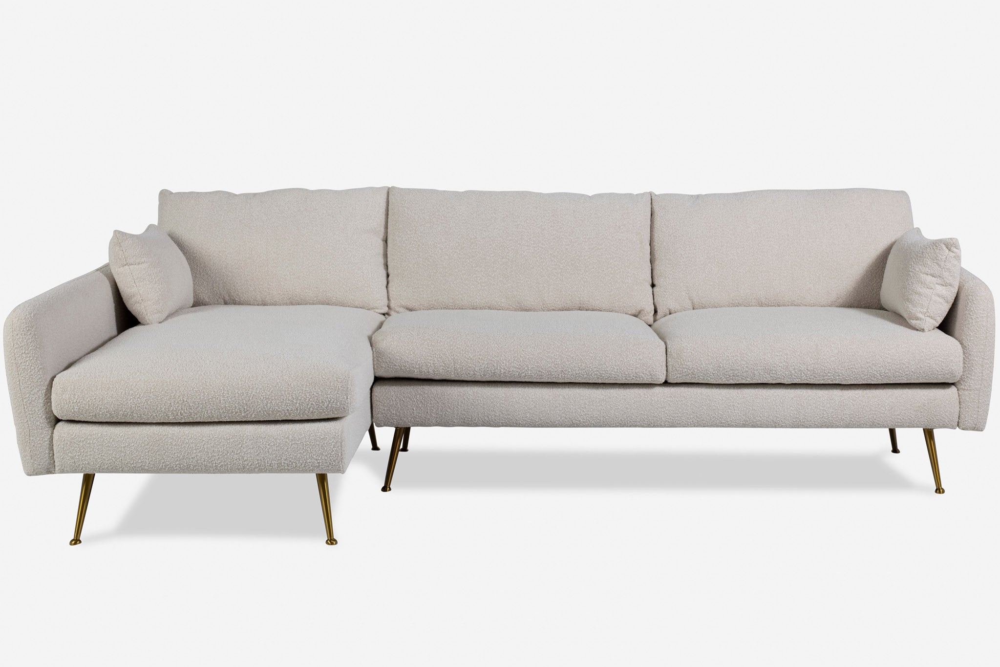 park sectional sofa shown in bouclé with gold legs left facing