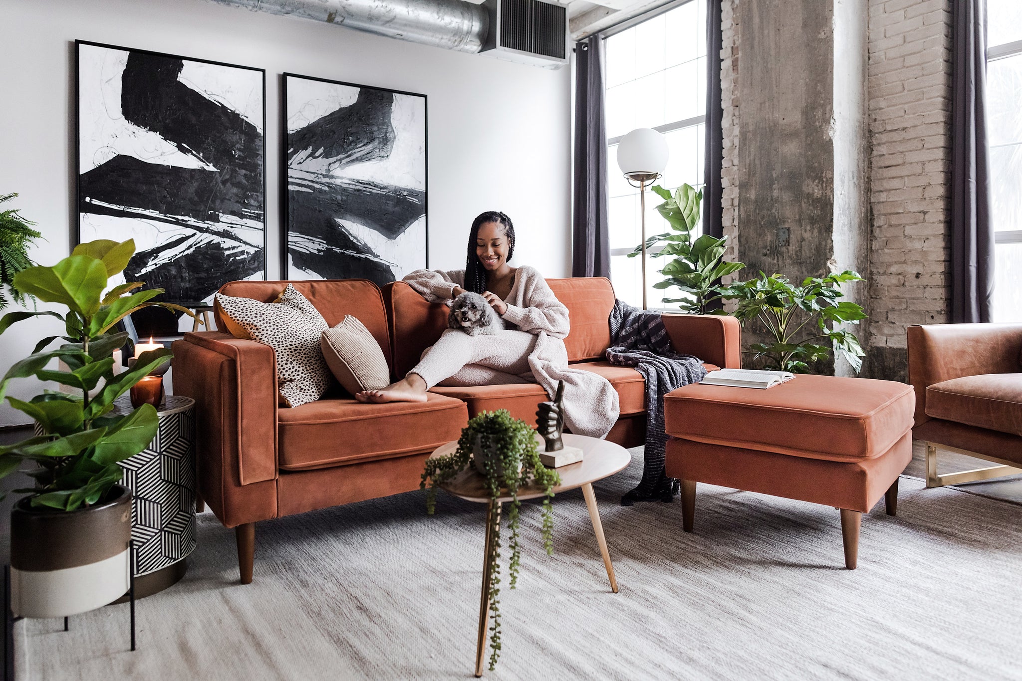 albany sofa shown in rust velvet with walnut legs