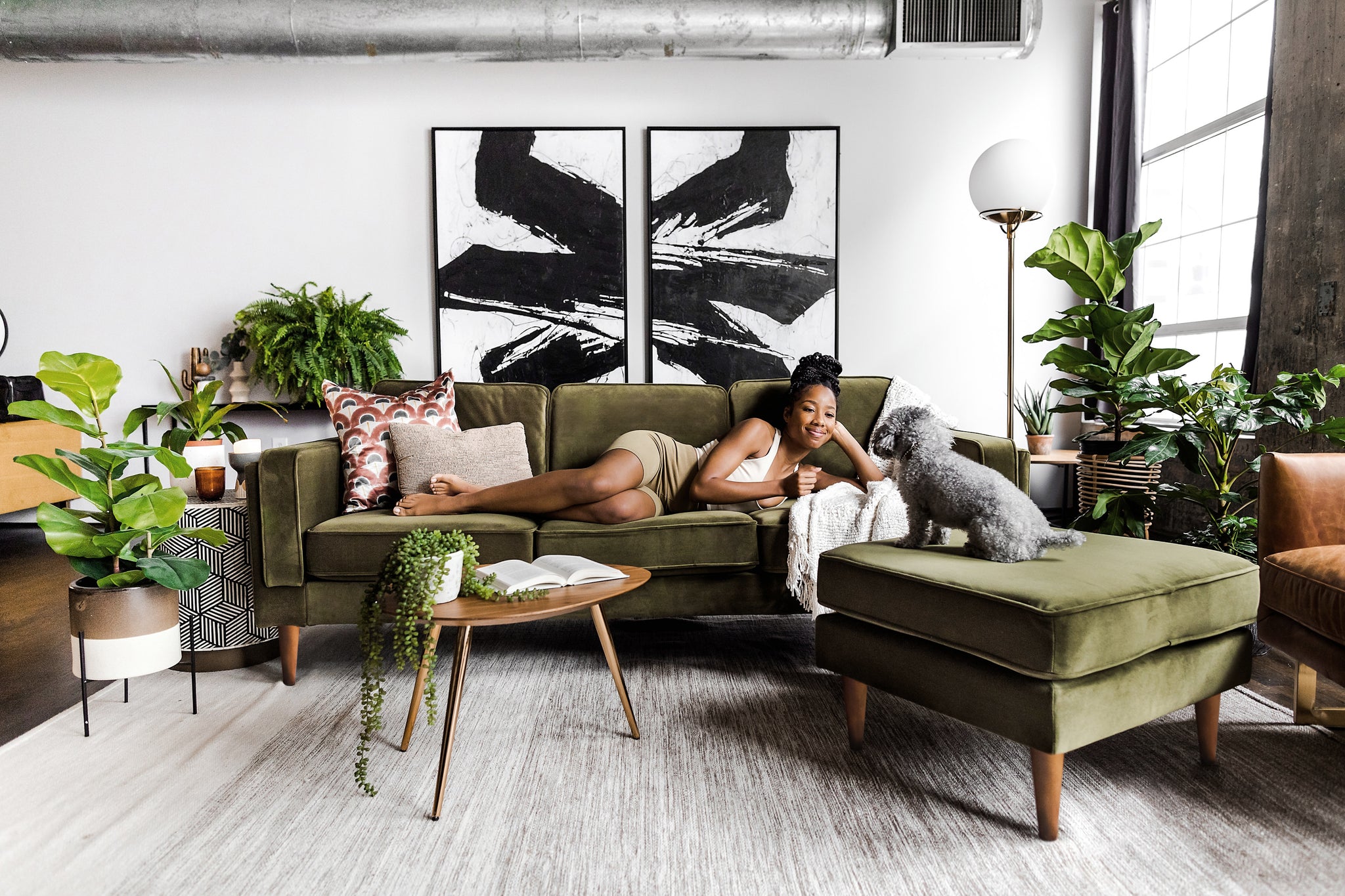 albany sofa shown in olive velvet with walnut legs