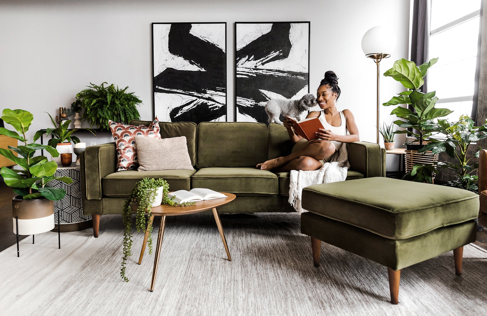 albany sofa shown in olive velvet with walnut legs