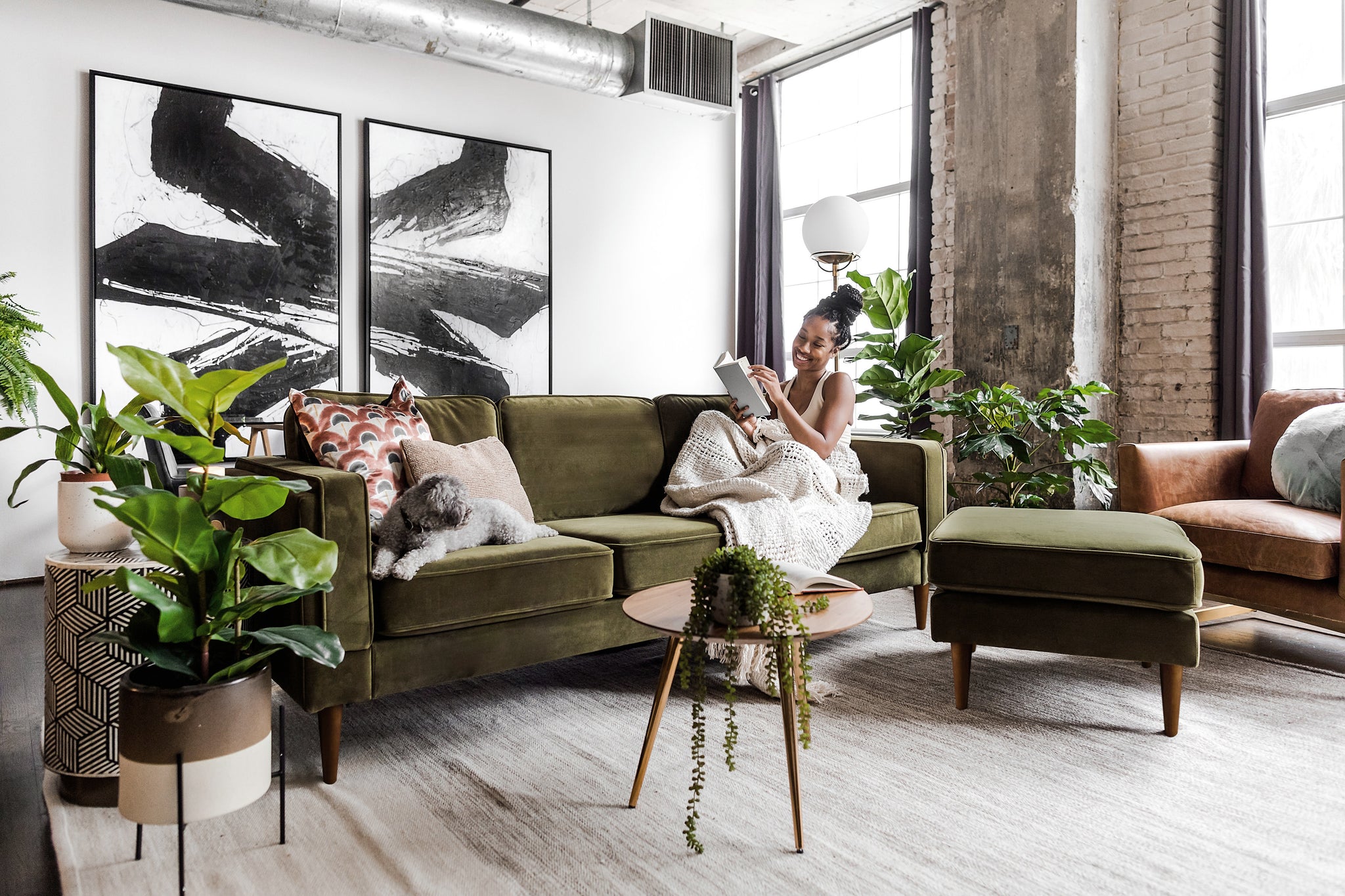 albany sofa shown in olive velvet with walnut legs