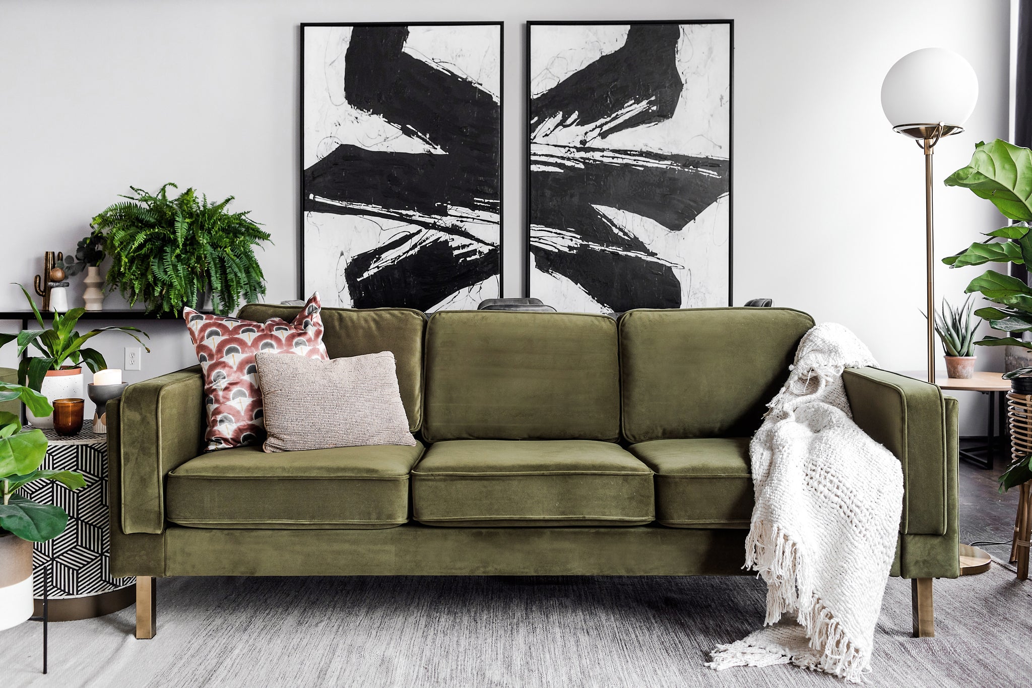 albany sofa shown in olive velvet with gold legs