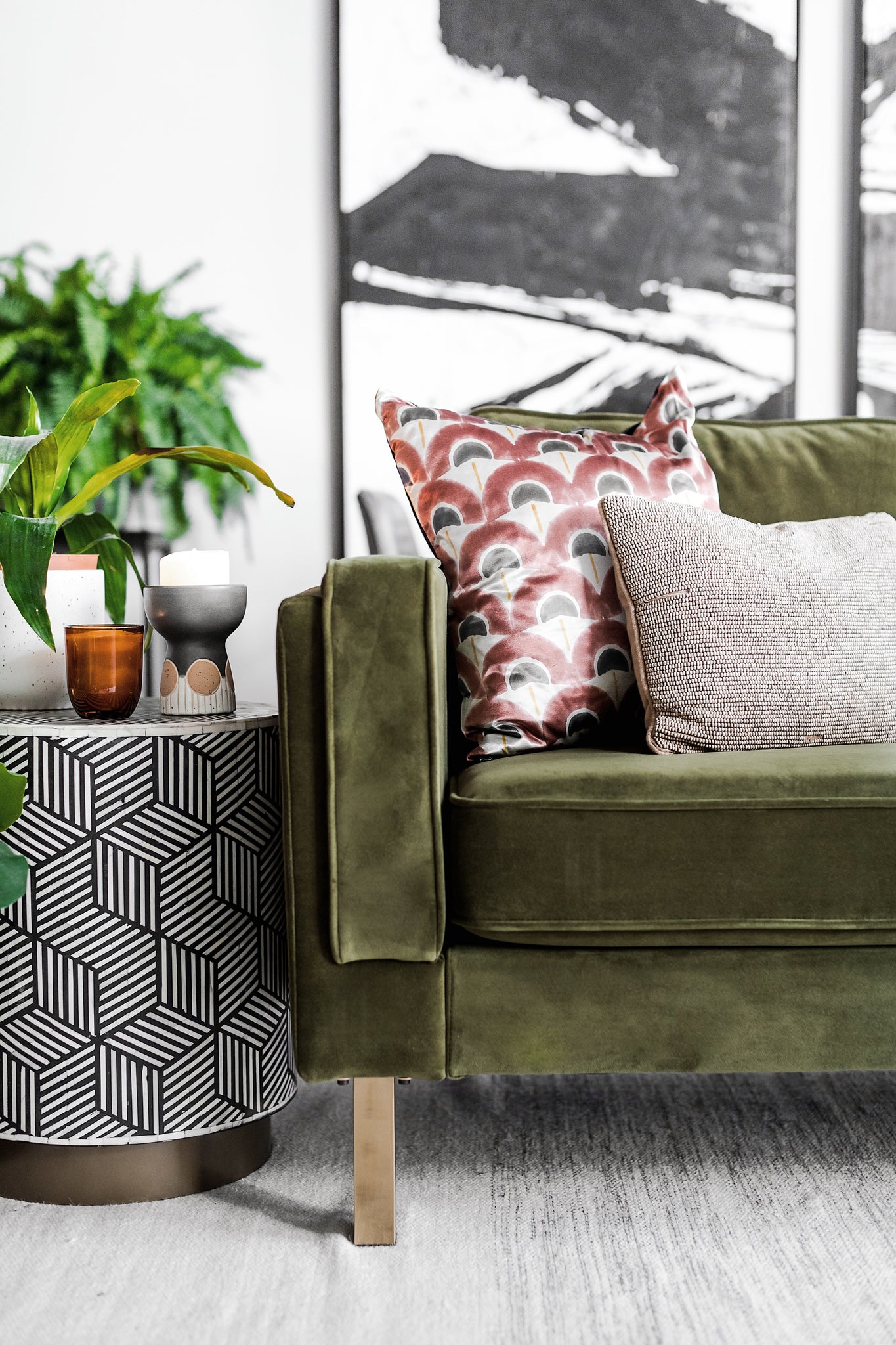 albany sofa shown in olive velvet with gold legs