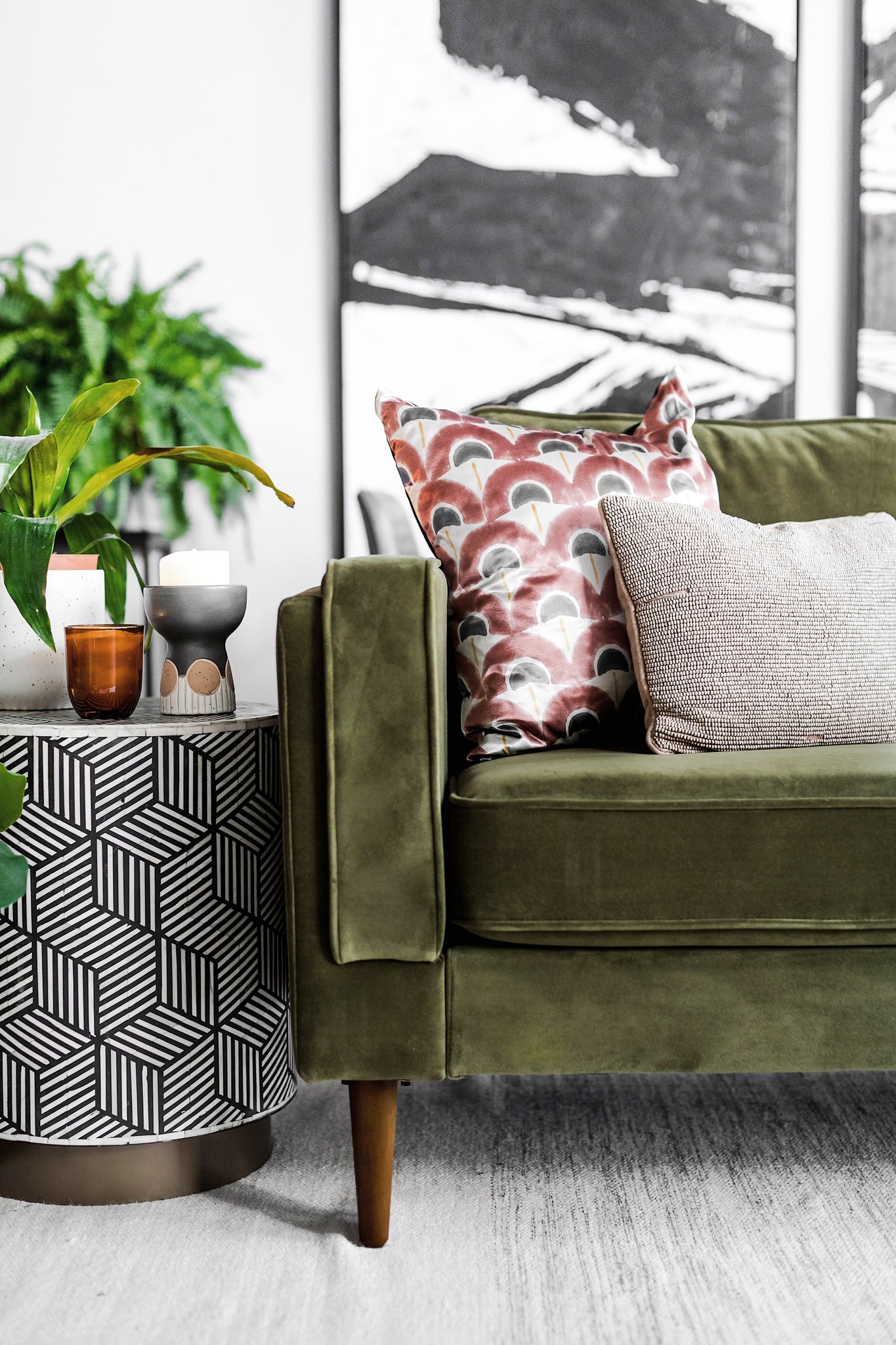 albany sofa shown in olive velvet with walnut legs
