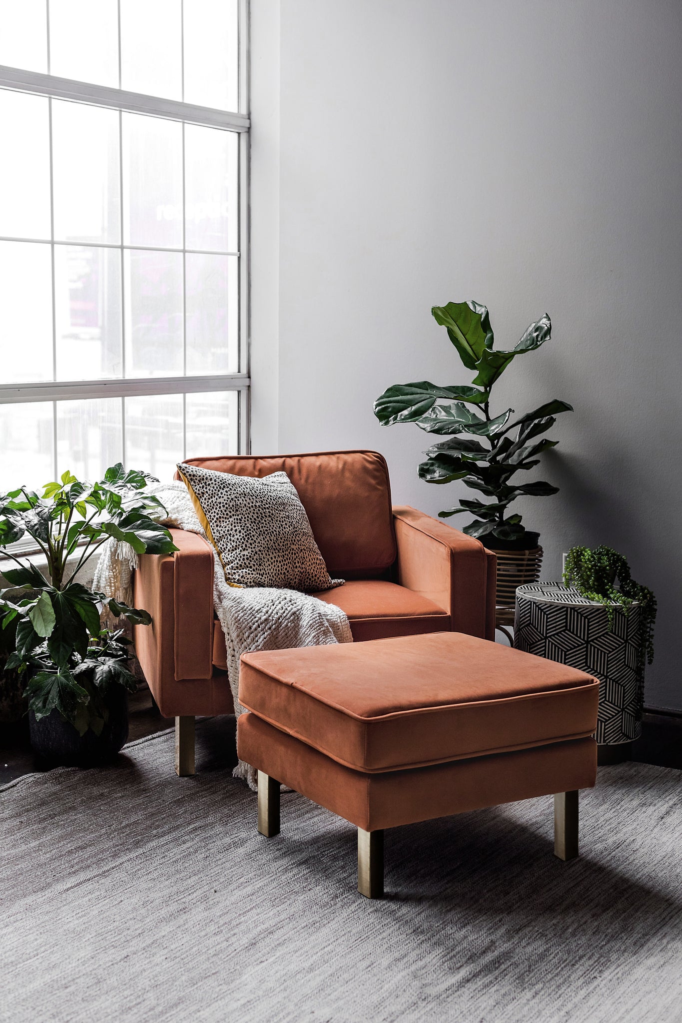 albany ottoman shown in rust velvet with gold legs