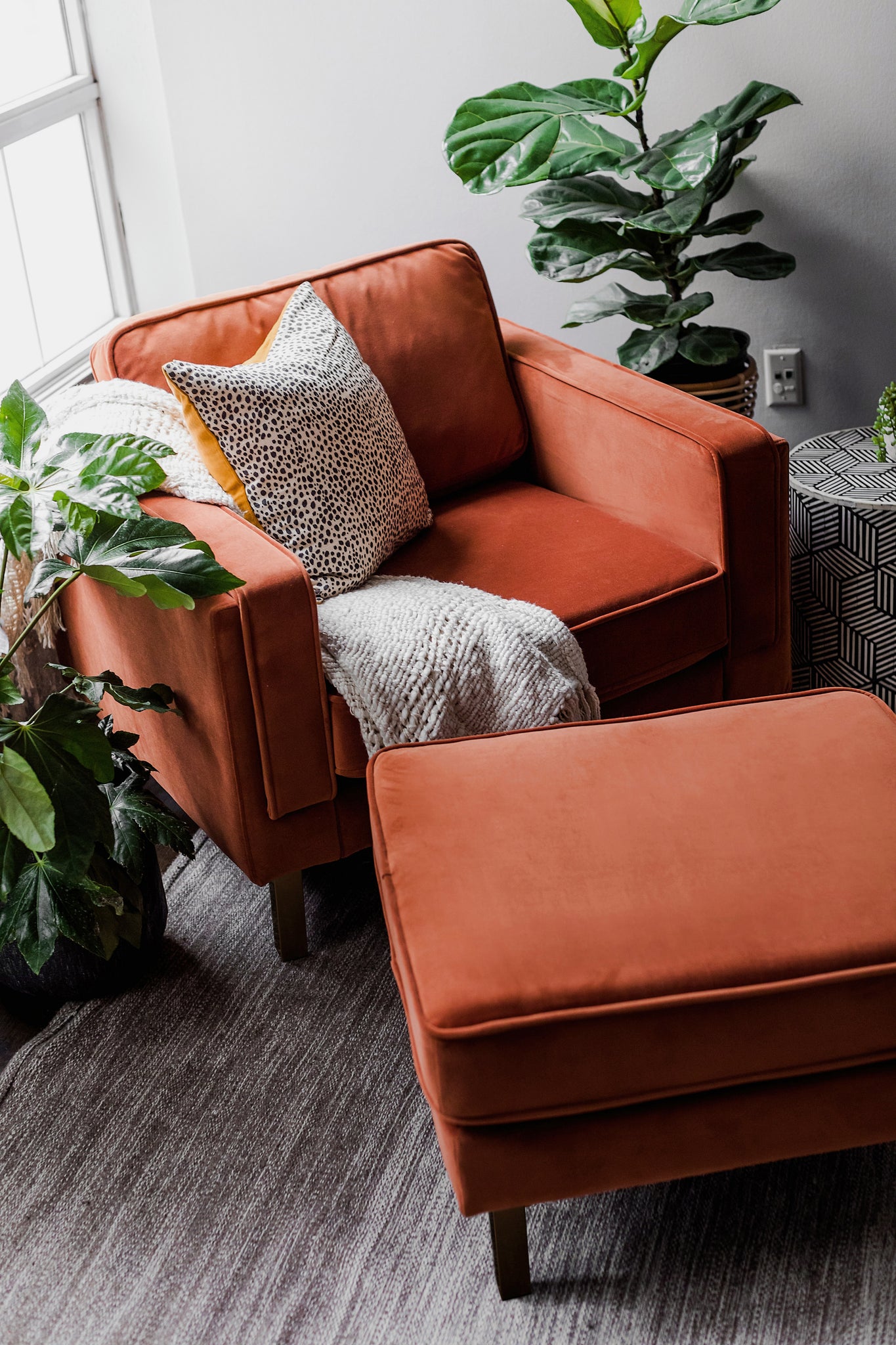 albany armchair shown in rust velvet with gold legs