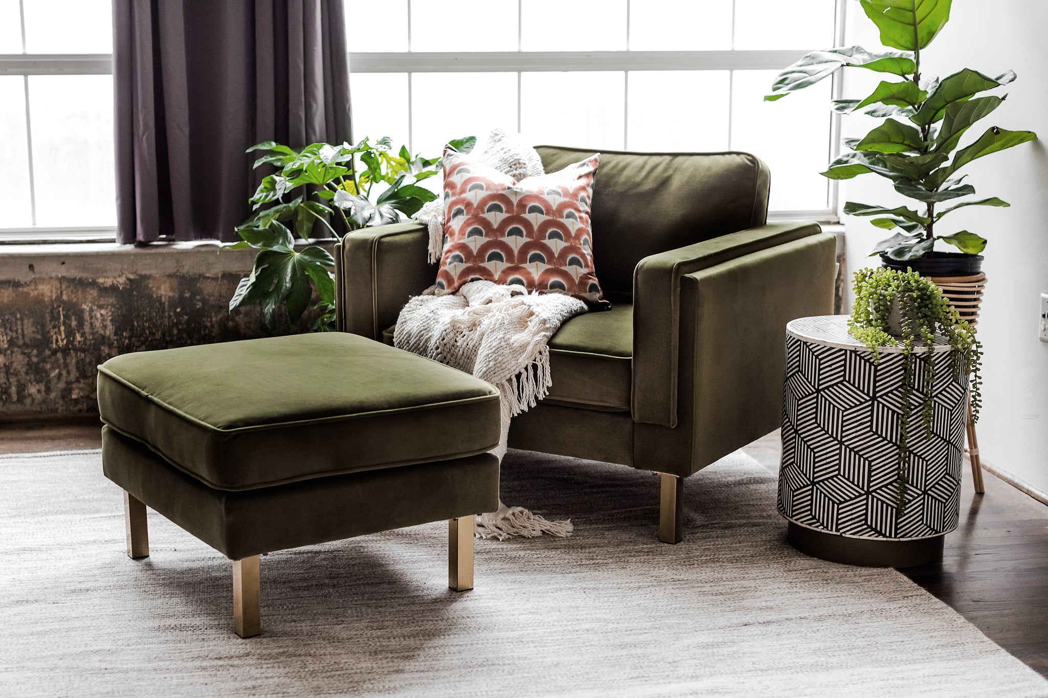 albany ottoman shown in olive velvet with gold legs