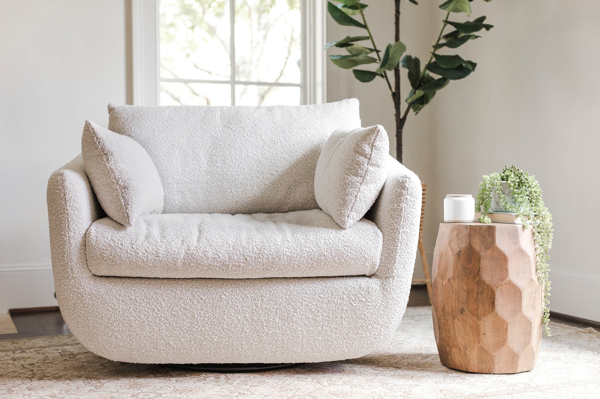 park swivel accent chair in boucle fabric in a living room setting