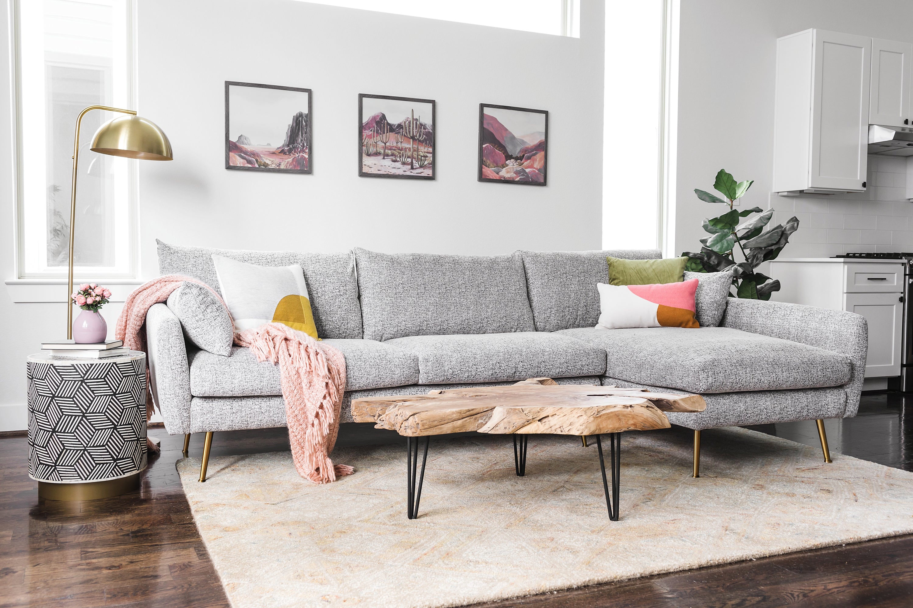 grey textured weave Gold Right Facing | Park Sectional Sofa shown in grey textured weave with gold legs Right Facing