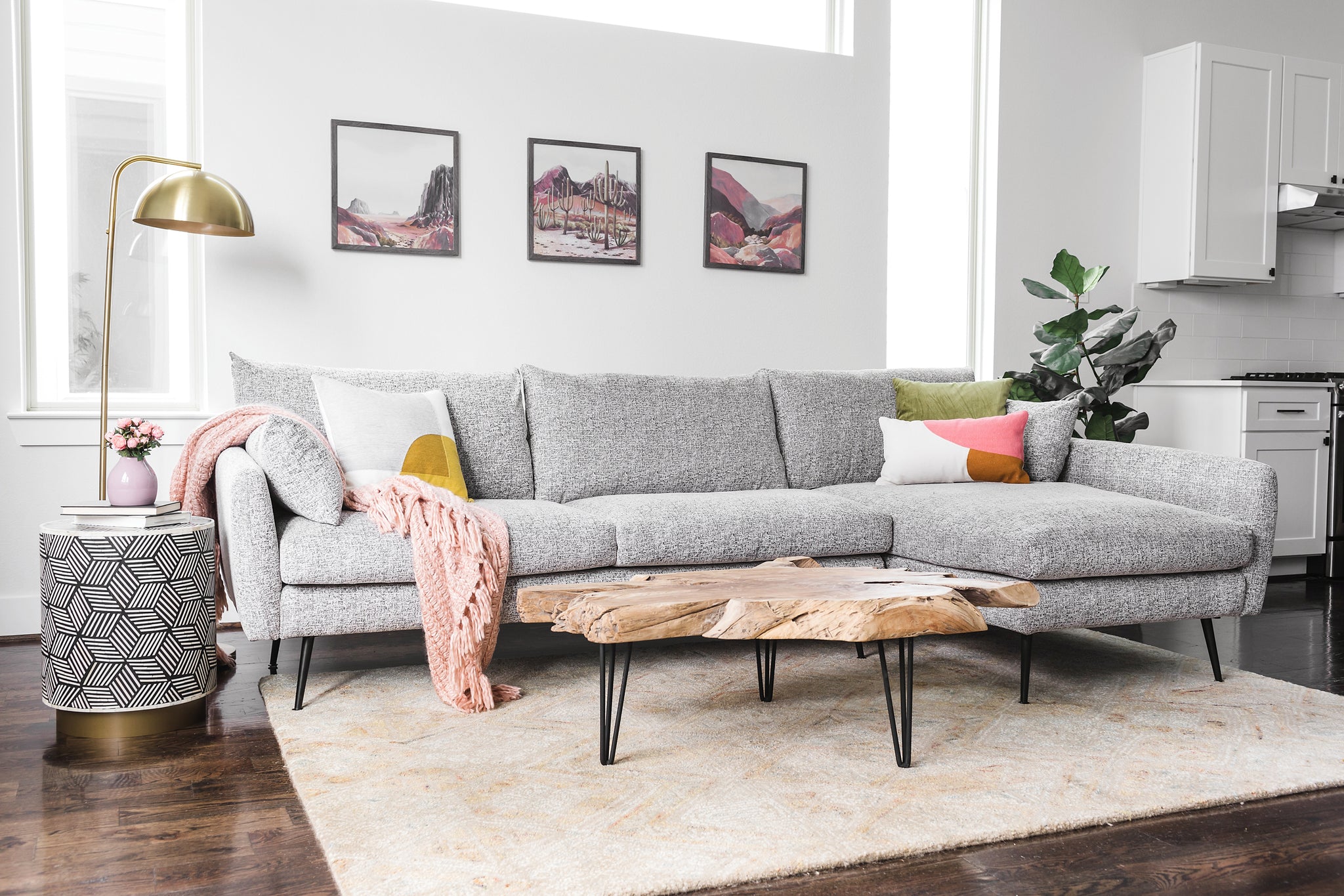 park sectional sofa shown in grey fabric right facing with black legs