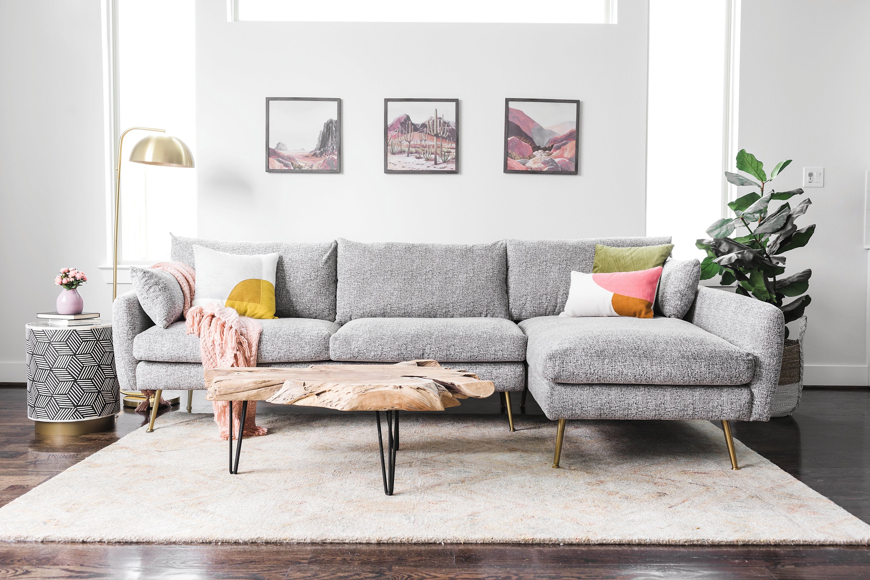 grey textured weave Gold Right Facing | Park Sectional Sofa shown in grey textured weave with gold legs Right Facing