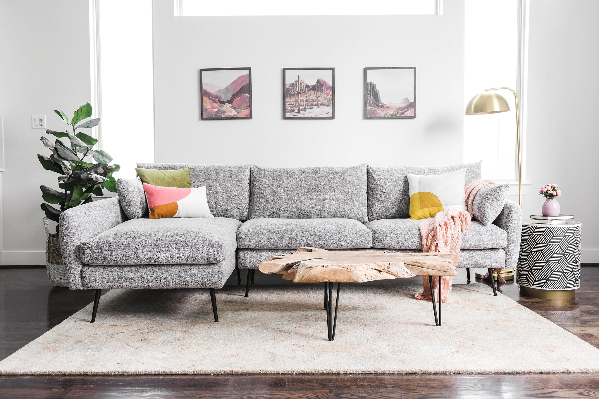 park sectional sofa shown in grey fabric with black legs left facing