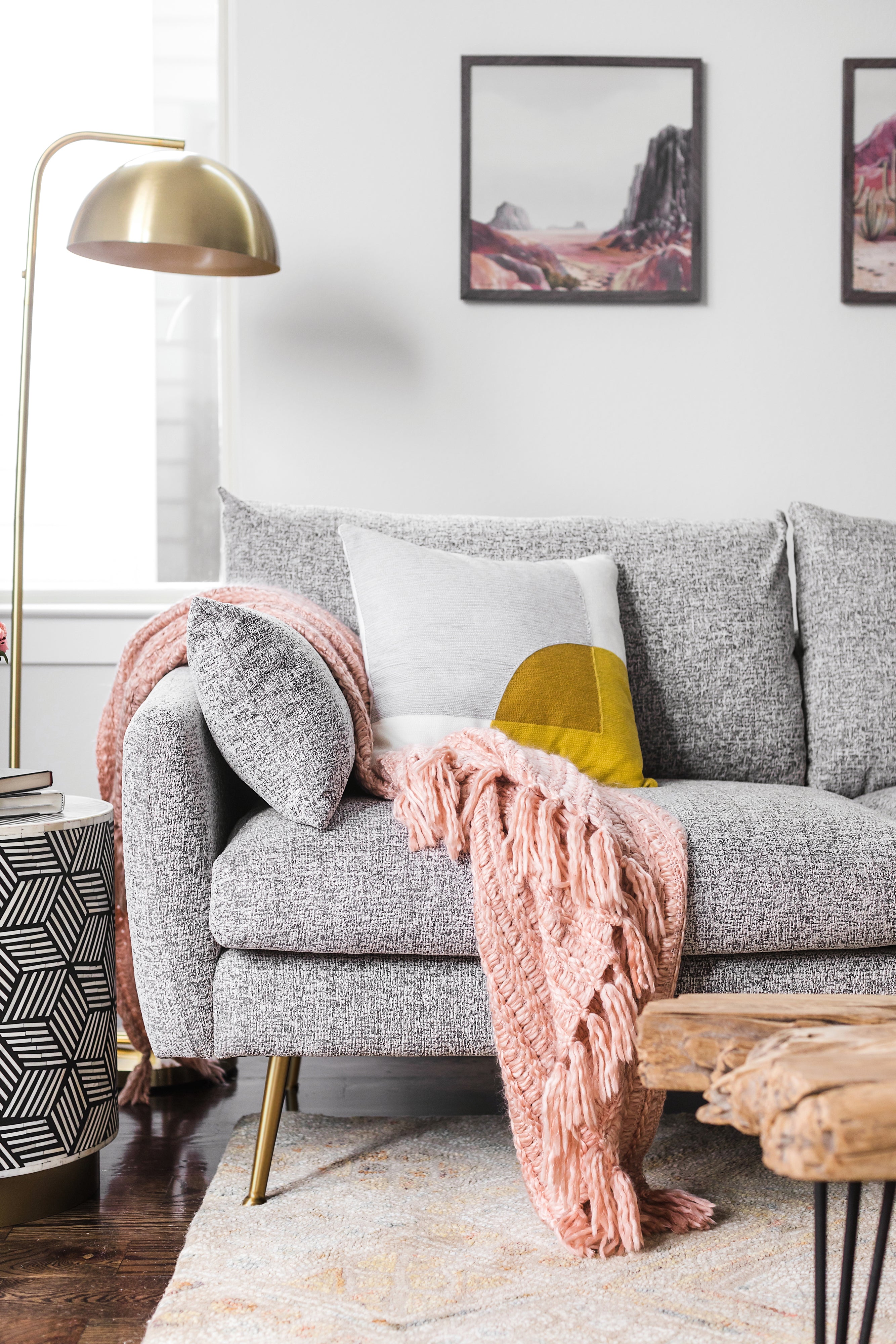 grey textured weave Gold Right Facing | Park Sectional Sofa shown in grey textured weave with gold legs Right Facing