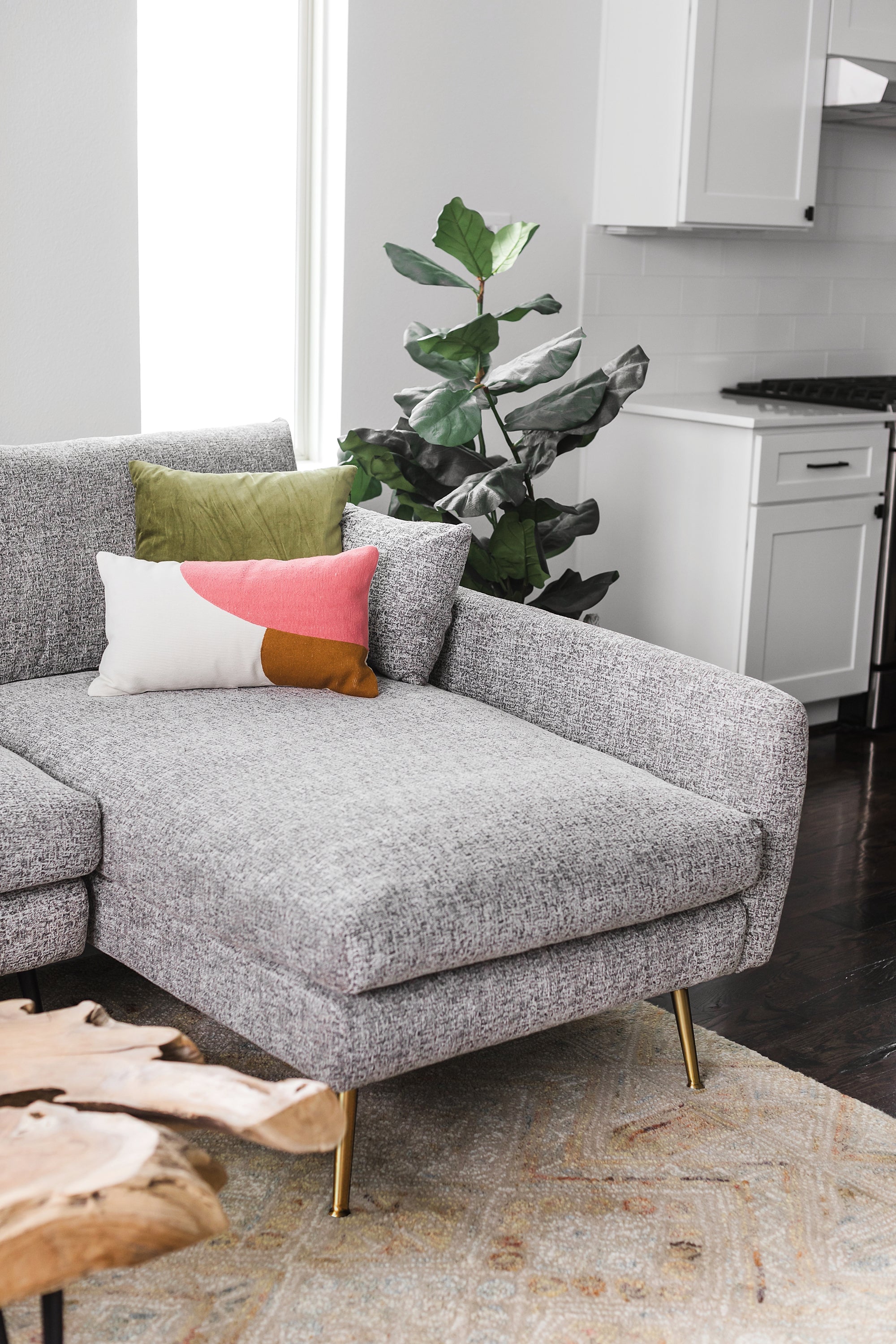 grey textured weave Gold Right Facing | Park Sectional Sofa shown in grey textured weave with gold legs Right Facing