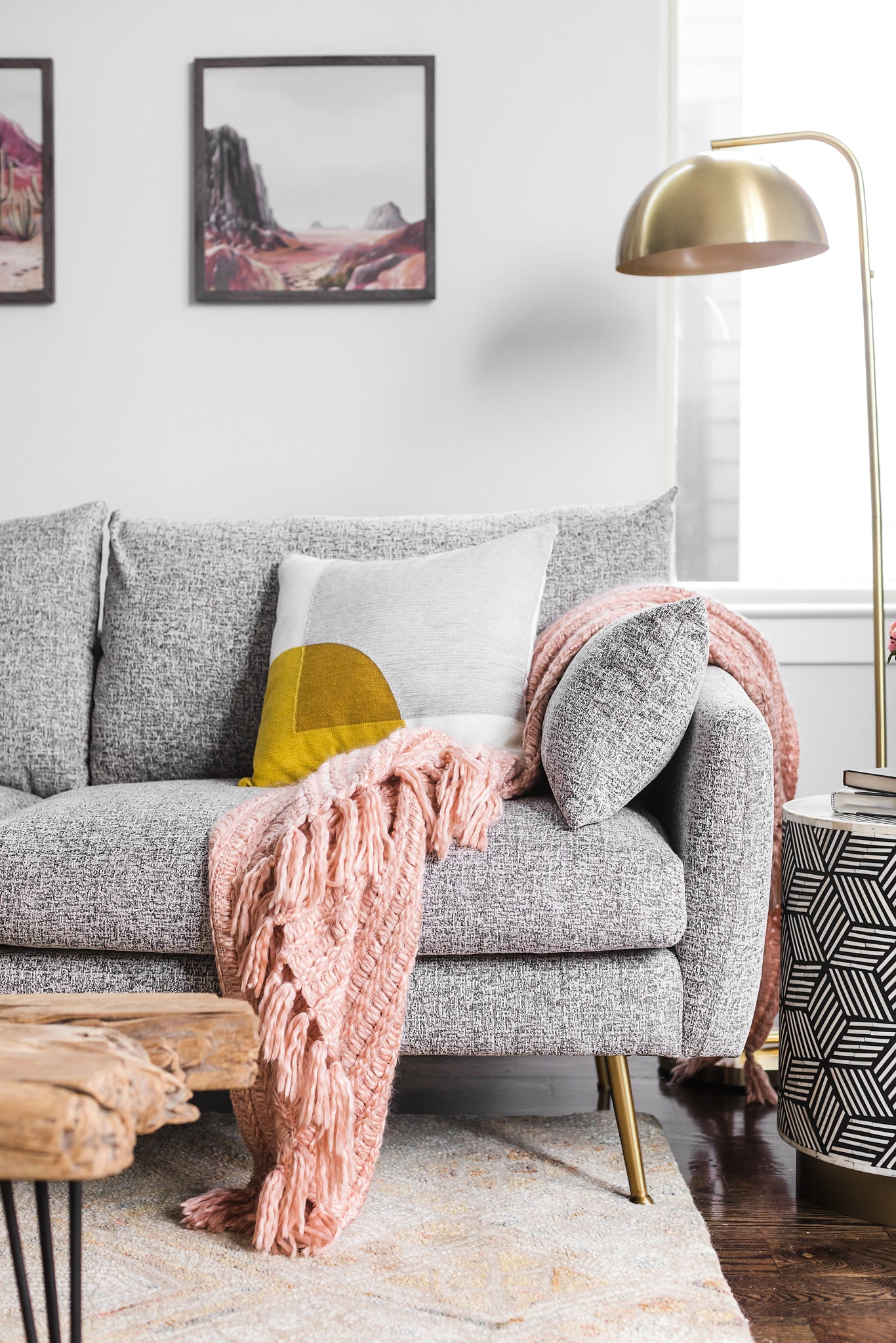 park sectional sofa shown in grey fabric with gold legs left facing