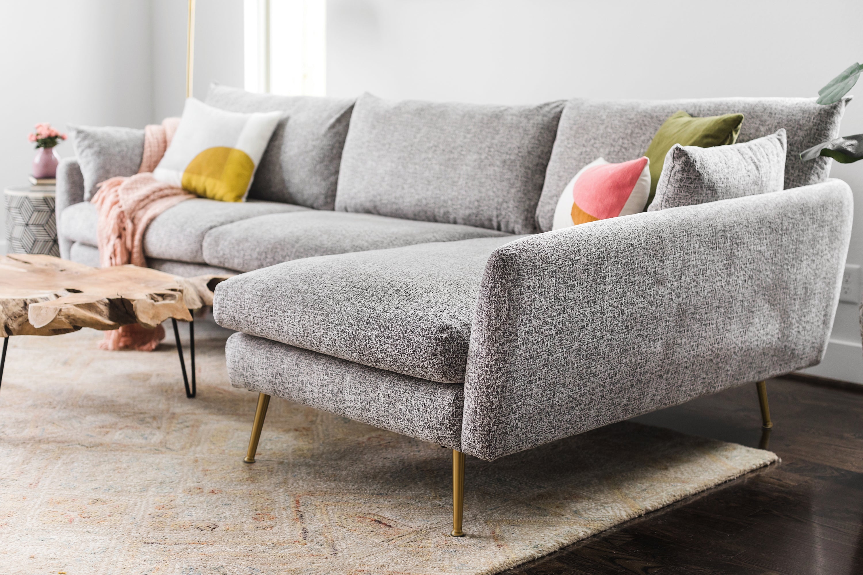 grey textured weave Gold Right Facing | Park Sectional Sofa shown in grey textured weave with gold legs Right Facing