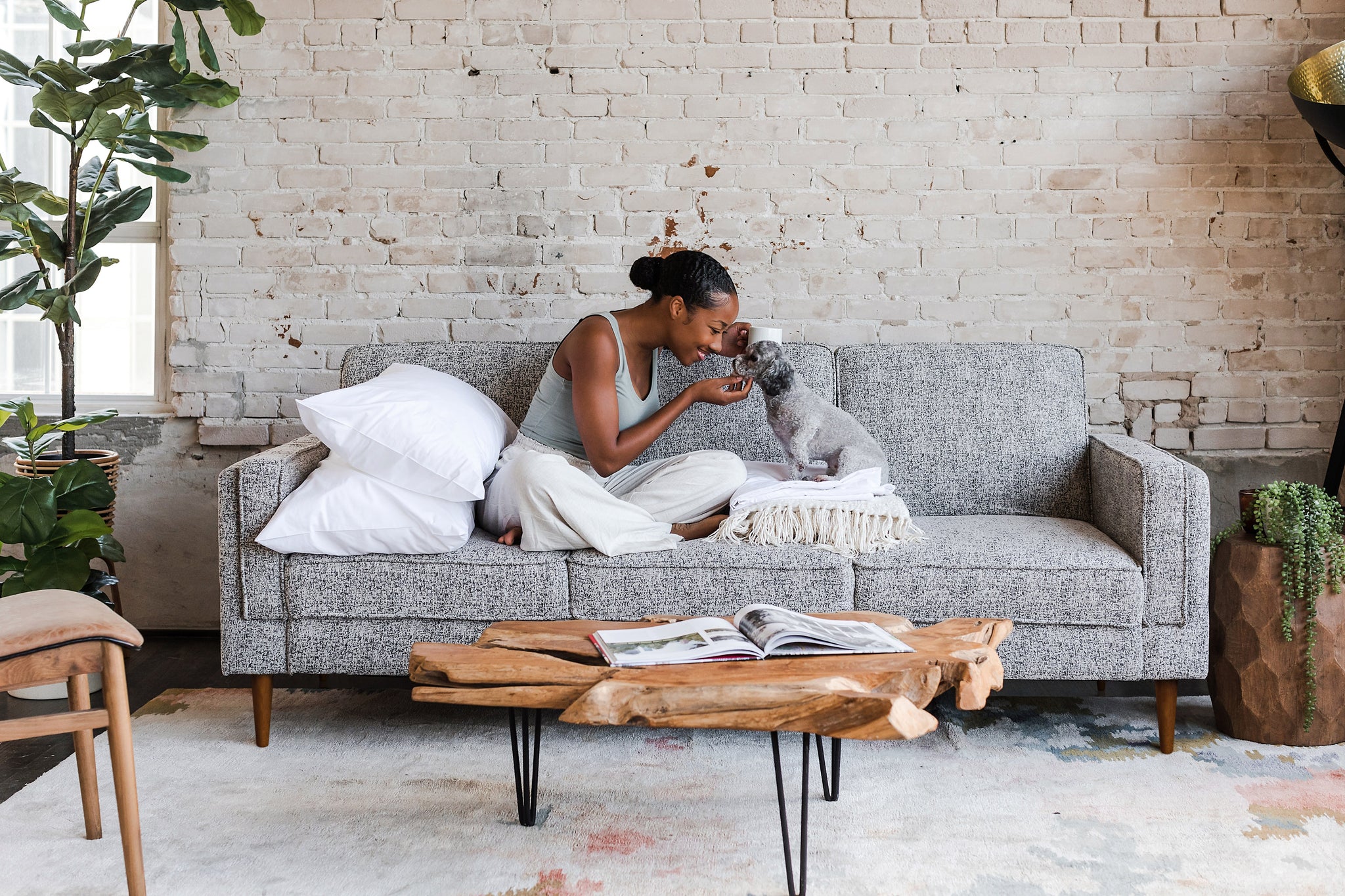 woman seated with a dog in the albany sleeper sofa in grey with walnut legs