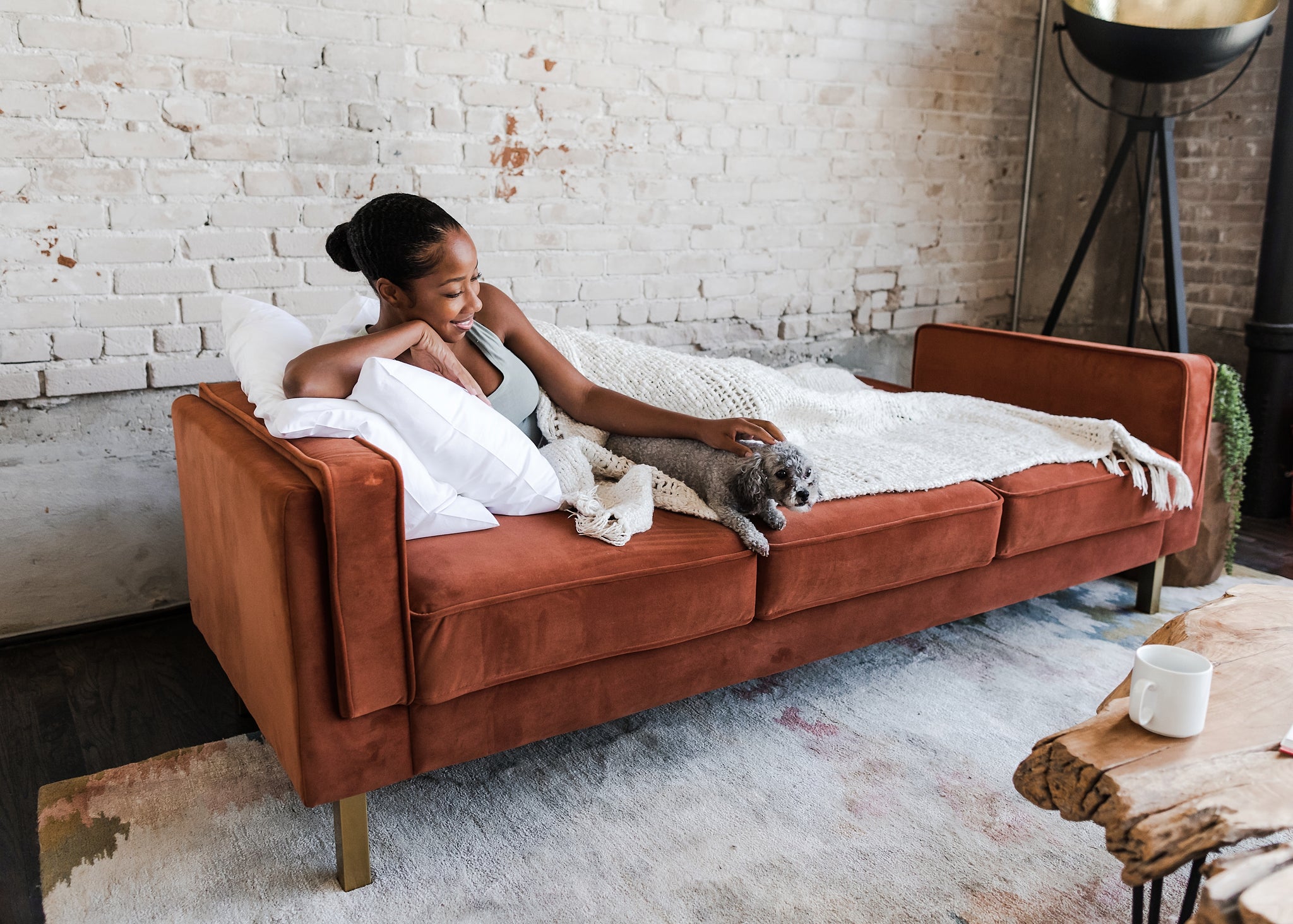 woman lounging with her dog in the albany sofa bed in rust velvet with gold legs