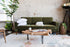 olive velvet walnut | Albany sleeper sofa in olive velvet with walnut legs in a living room setting
