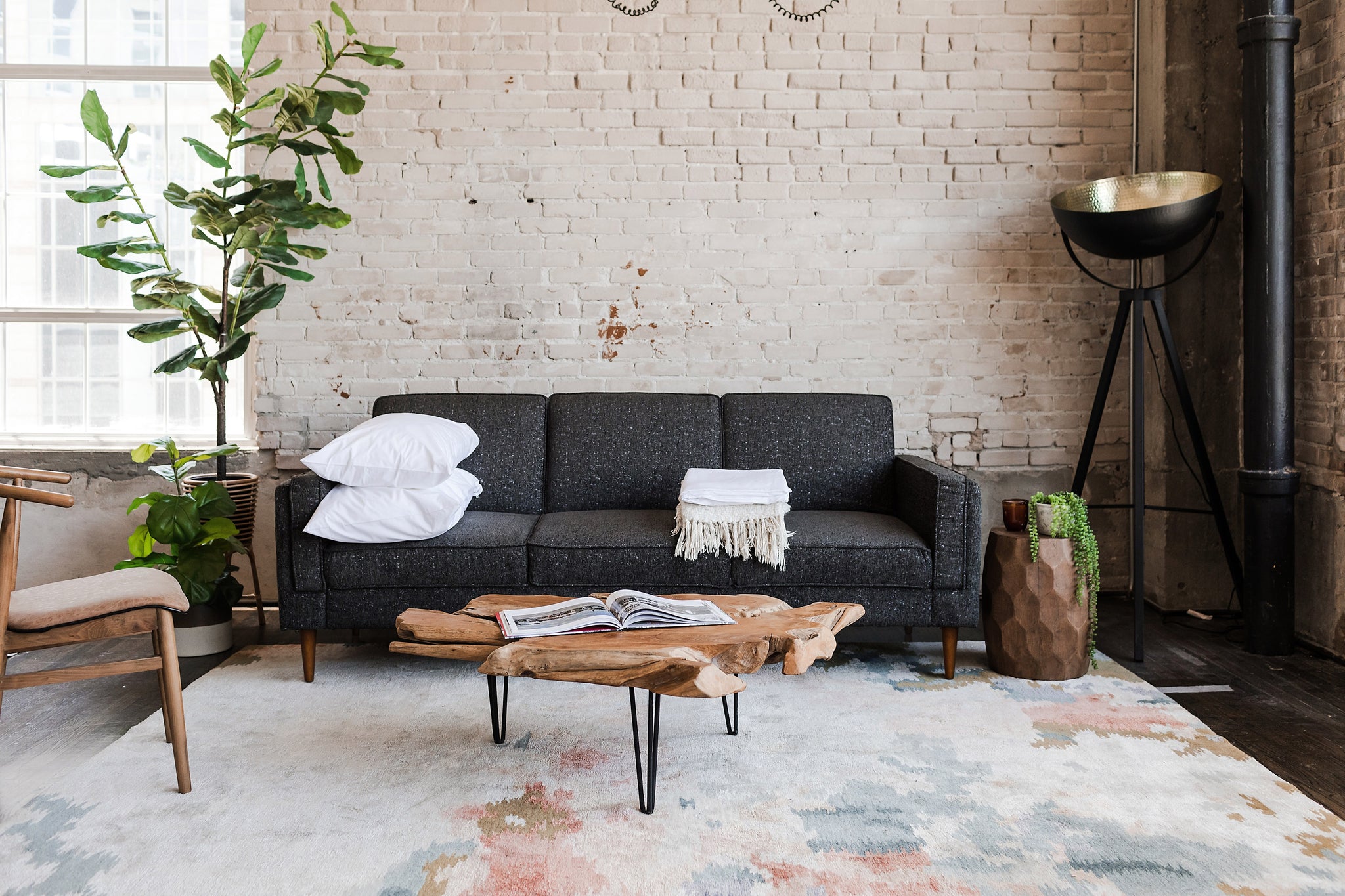 albany sleeper sofa in charcoal with walnut legs in a living room setting