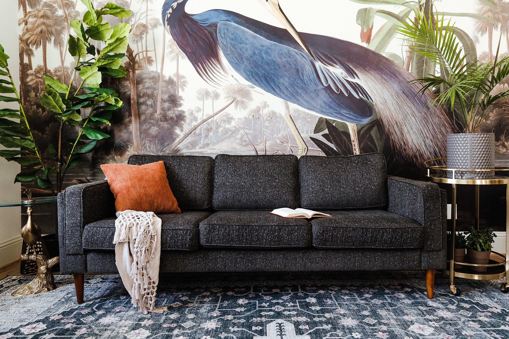 albany sofa shown in charcoal with walnut legs