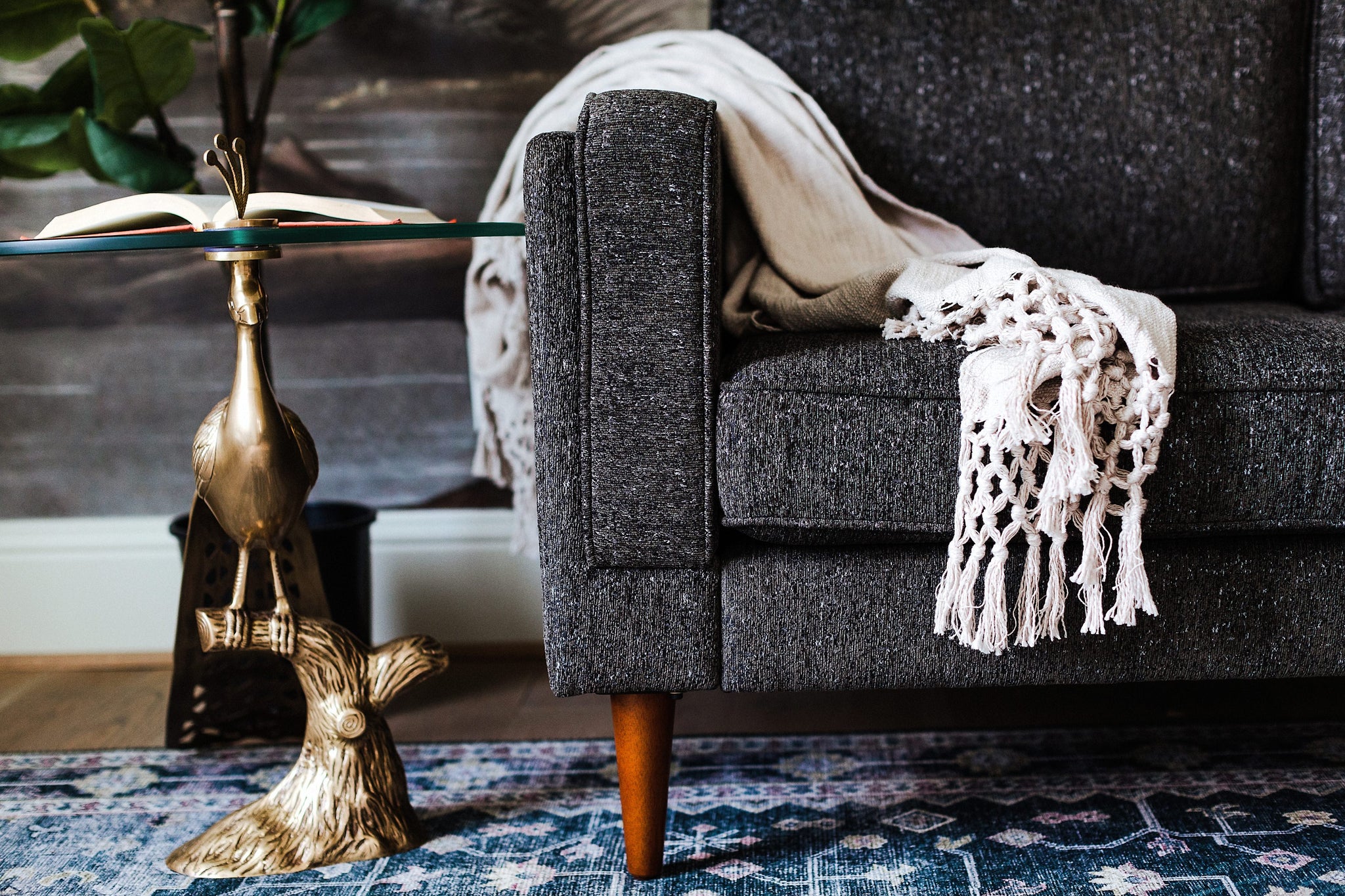 albany loveseat shown in charcoal with walnut legs