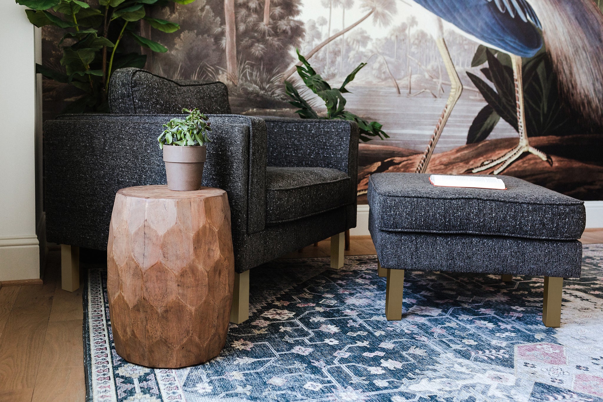 albany armchair shown in charcoal with gold legs