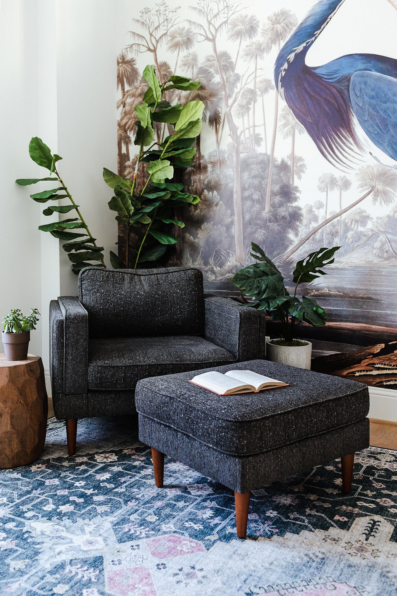 albany ottoman shown in charcoal with gold legs with walnut legs