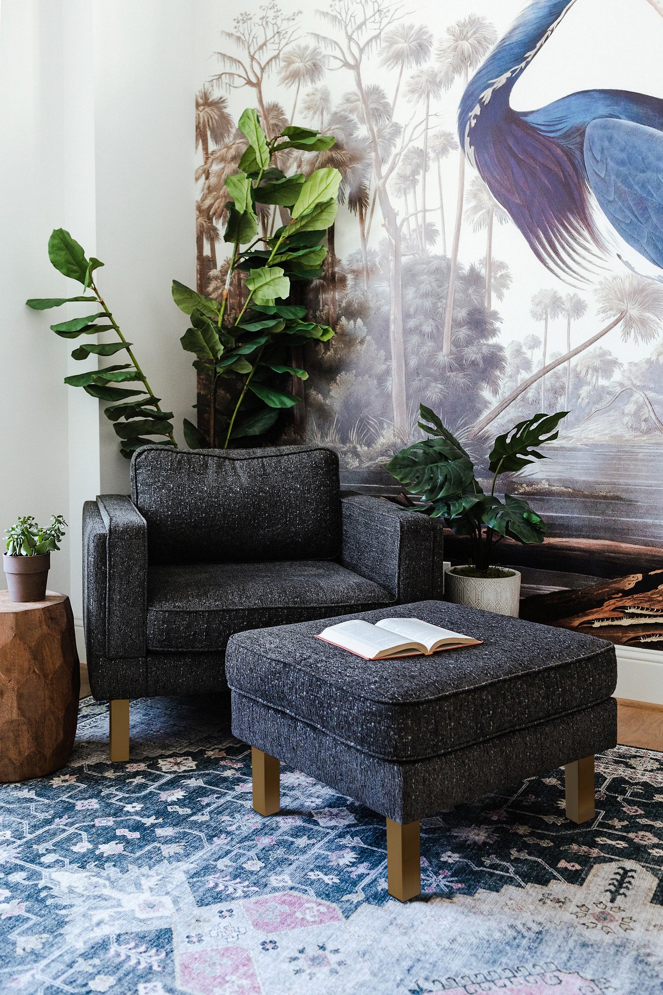 albany armchair shown in charcoal with gold legs