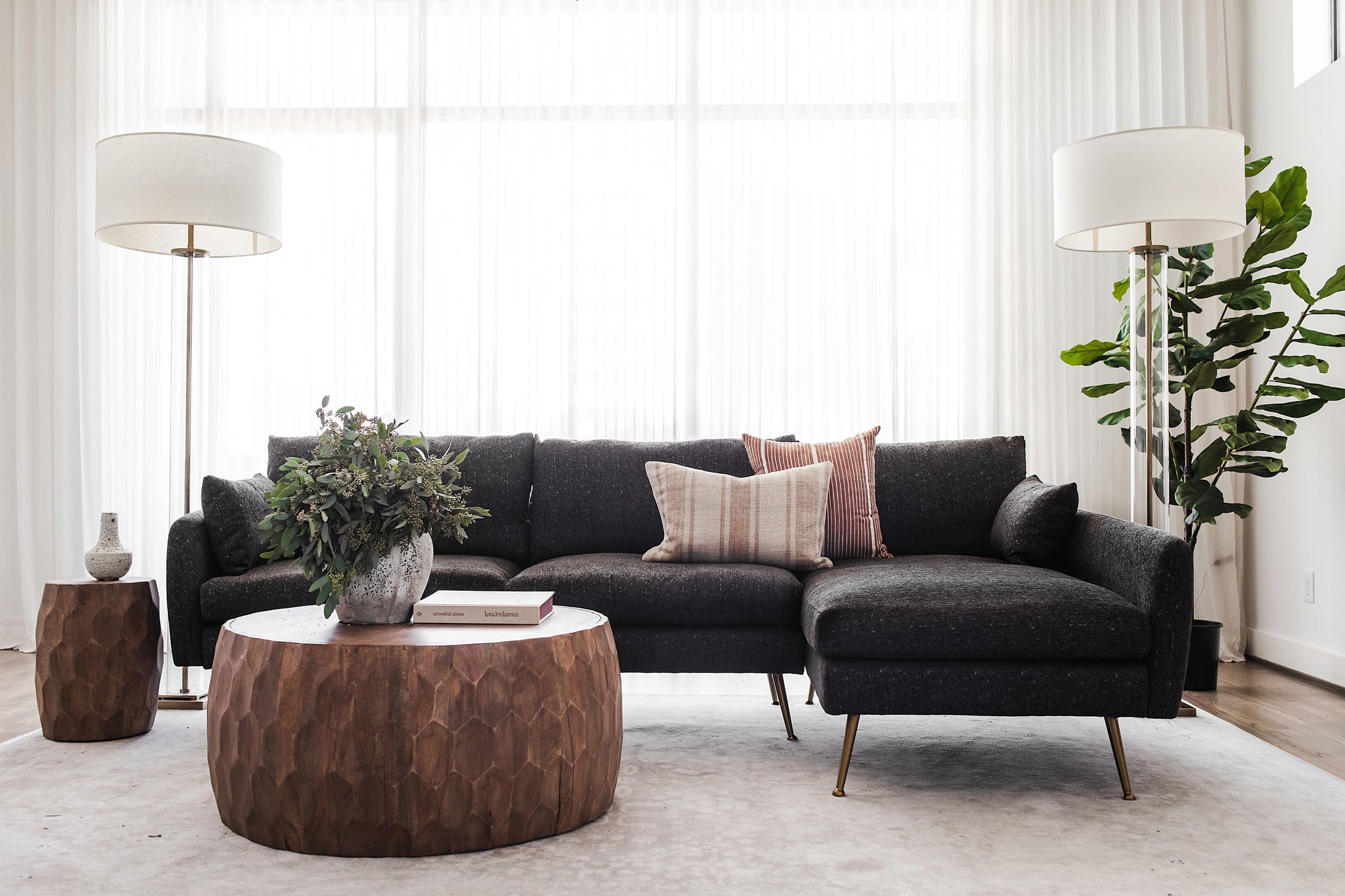 park sectional sofa shown in charcoal with gold legs with black legs right facing