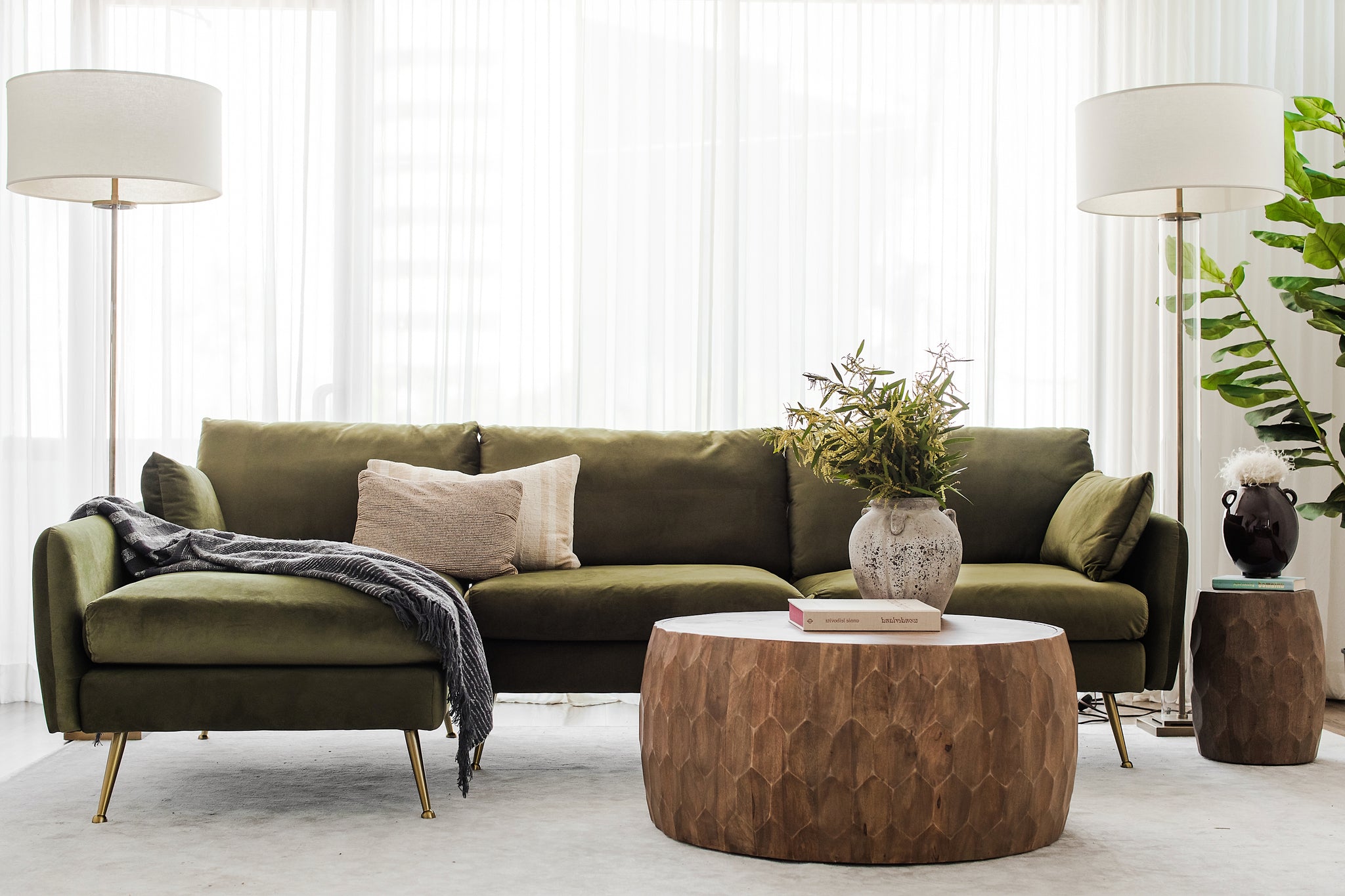 park sectional sofa shown in olive velvet with gold legs left facing