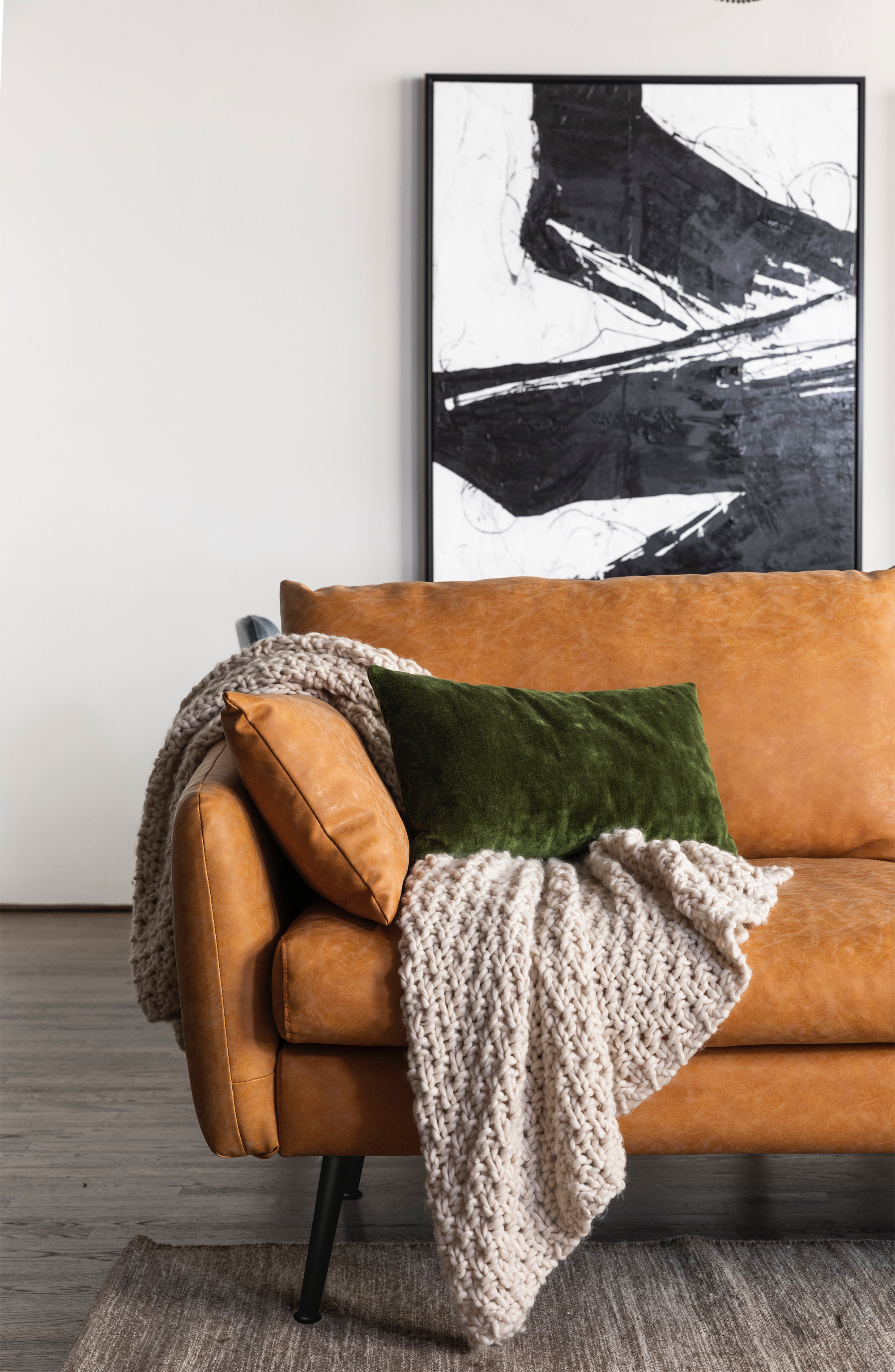 Albany Park Mid Century Modern Sectional Sofa Cozy Designer Couch Distressed Vegan Leather Gold Left Facing