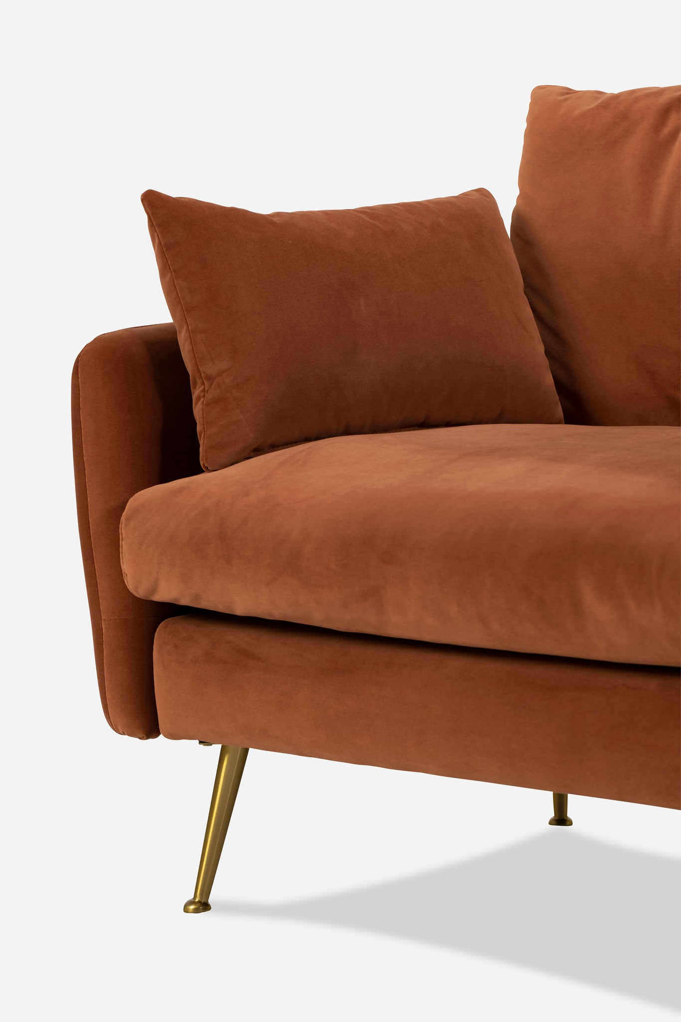 park sectional sofa shown in rust velvet with gold legs left facing right facing